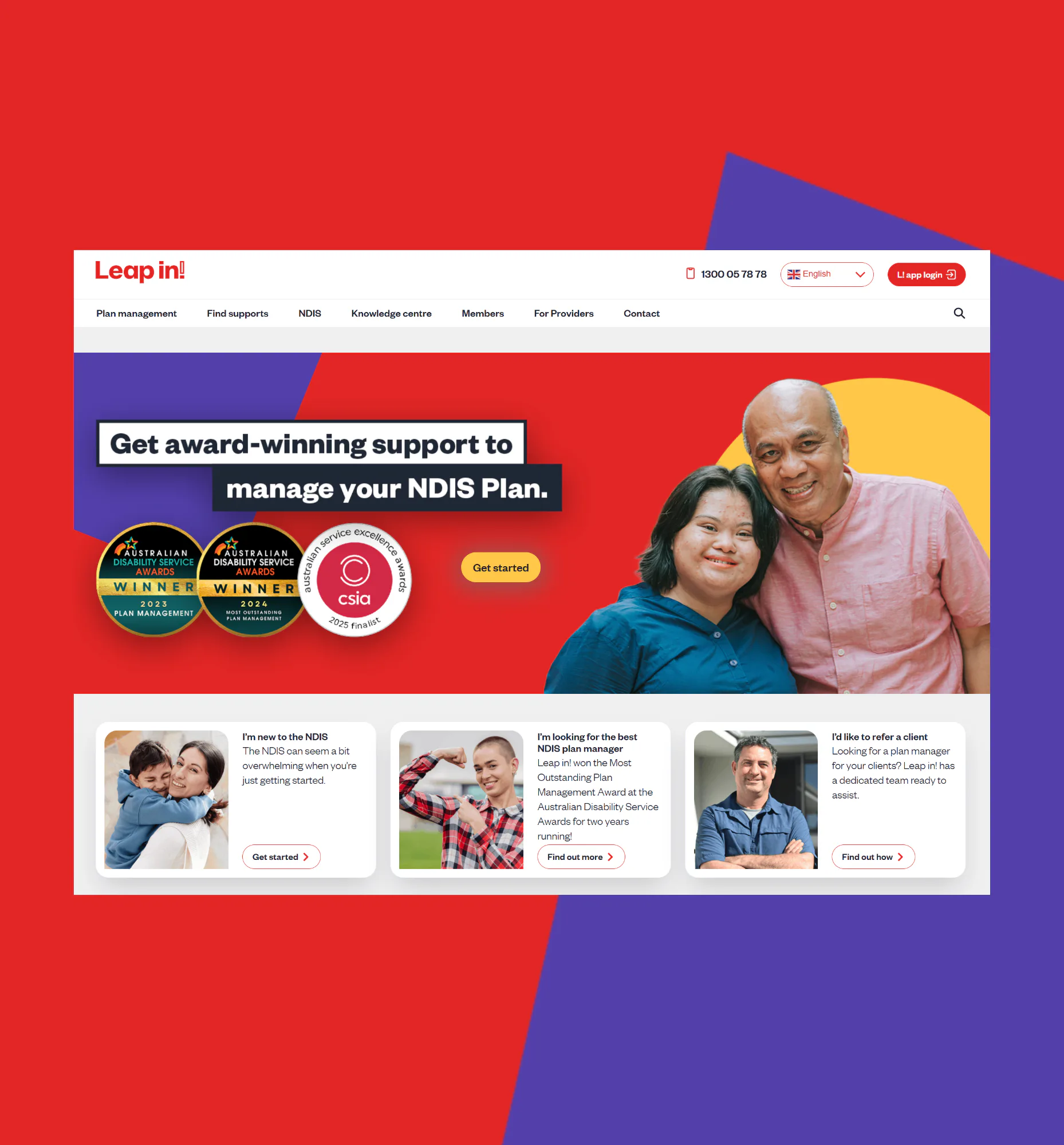 Smiling man in pink shirt and woman in blue shirt stand together against red background with yellow circular design, promoting Leap in's NDIS plan management services with award badges displayed.