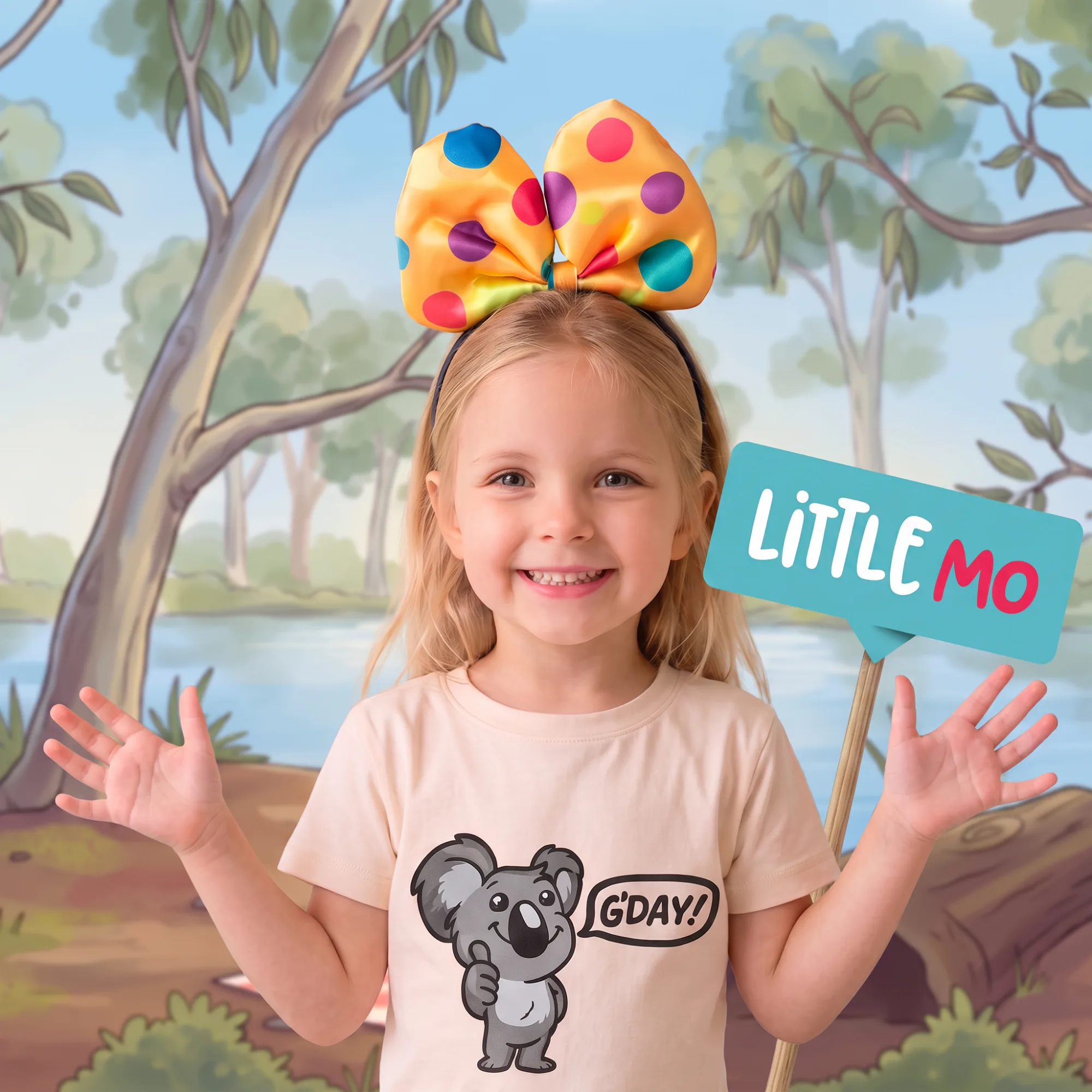 Smiling child wearing beige t-shirt with koala graphic holding turquoise 'Little Mo' sign, wearing colorful polka-dot bow headband against illustrated forest and water background