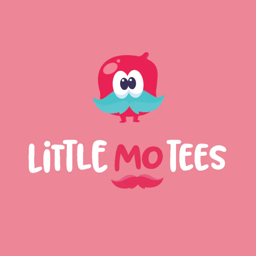 Cute cartoon character with red round head, turquoise mustache, and large white eyes with black pupils on pink background, featuring playful Australian aesthetic for children's brand identity