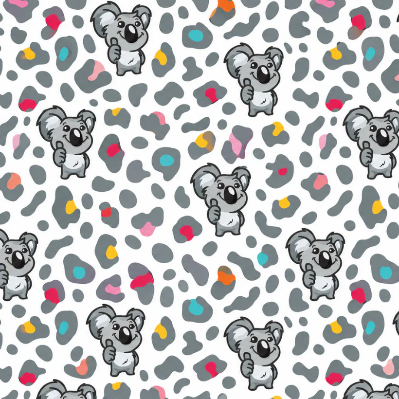 Seamless pattern featuring illustrated koala characters with colorful abstract shapes in pink, teal, yellow, and orange on a white background with gray spots