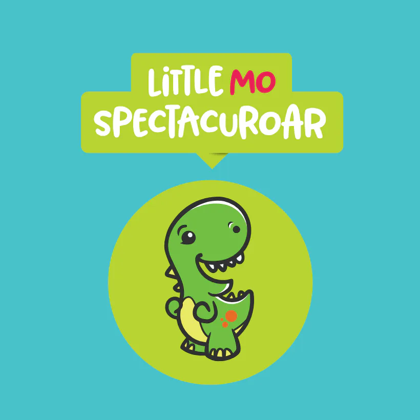Cute green dinosaur character with a smiling expression, black outline details, and a yellow belly patch, centered in a lime green circle against a turquoise background.