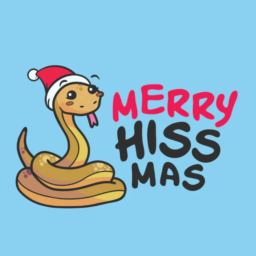 Cartoon illustration of a smiling golden-yellow snake wearing a red Santa hat with white fur trim, coiled on a light blue background next to red and black 'Merry Hiss Mas' text.