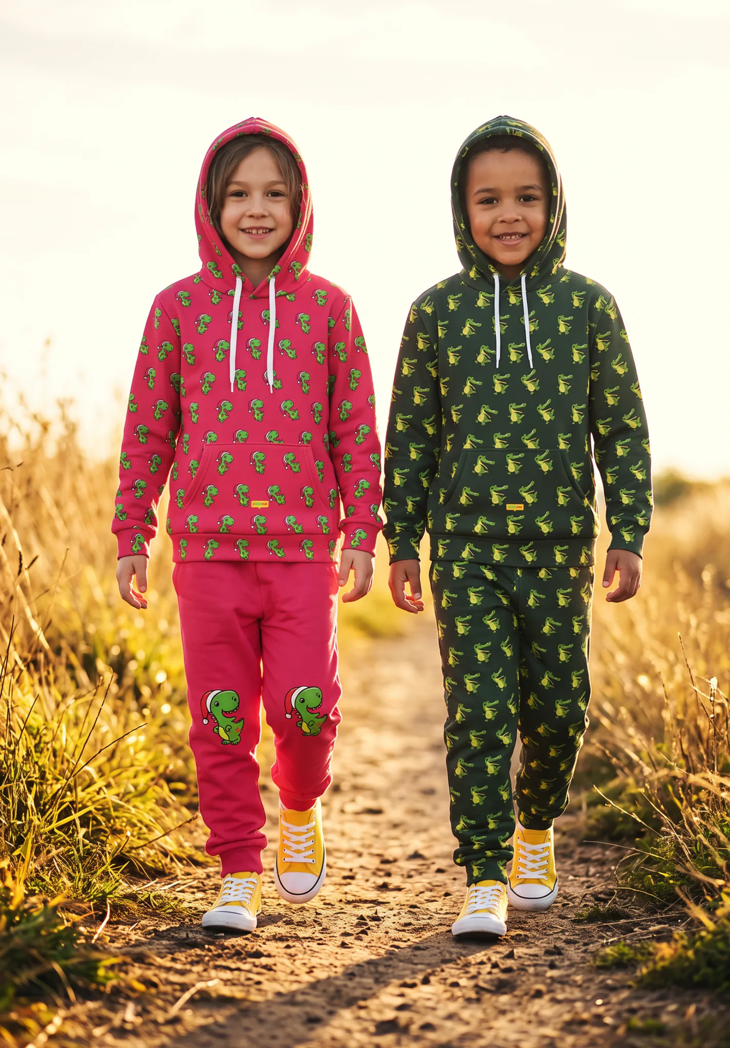 Two smiling children wearing colorful patterned onesies with custom Australian animal illustrations walking on a rural dirt path surrounded by golden grass