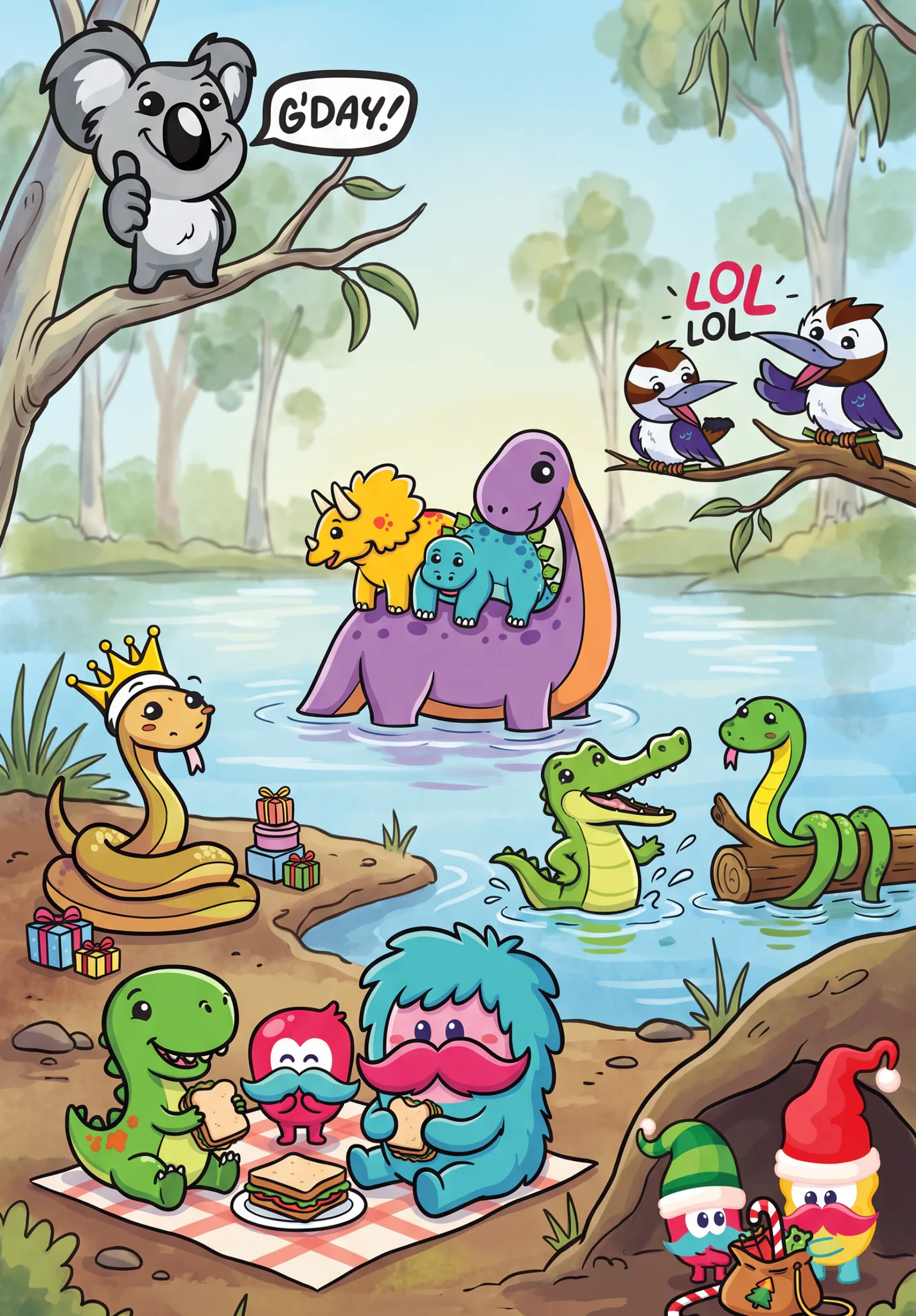 Colorful illustration of diverse cartoon animals in a natural setting: koala saying g'day, dinosaur in water with baby dinosaur, kookaburras laughing, crowned snake with gifts, crocodiles, caterpil...