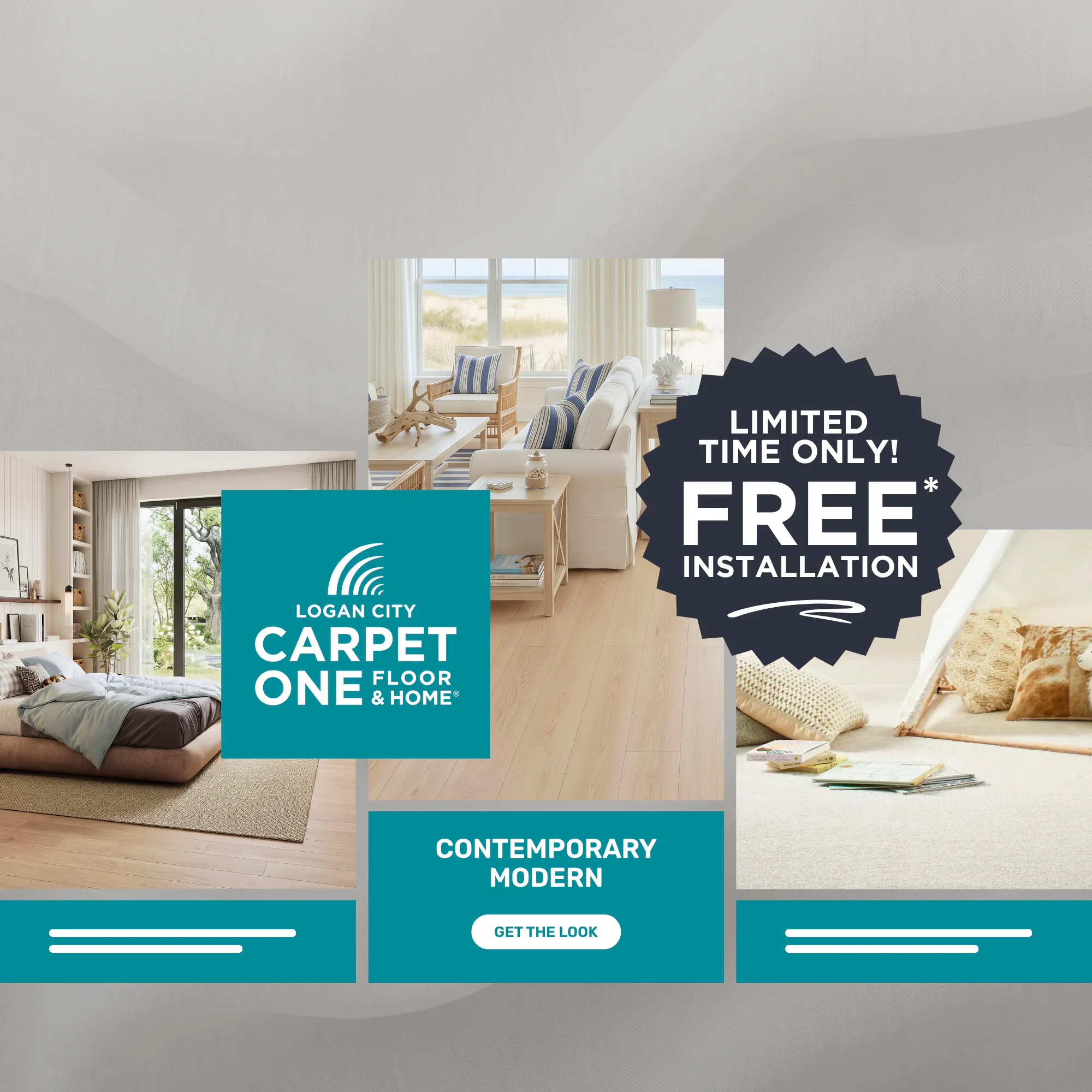 Modern home interior collage showing bedroom with area rug, living room with striped furniture, and bright seating area. Logan City Carpet One Floor & Home logo on turquoise background with limited...