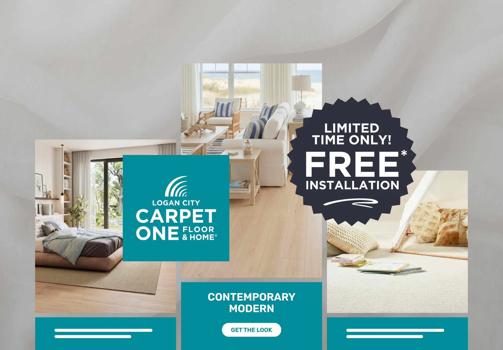 Collage of three modern home interior rooms featuring light wood flooring and contemporary furnishings, with Logan City Carpet One logo and limited-time free installation promotion badge.