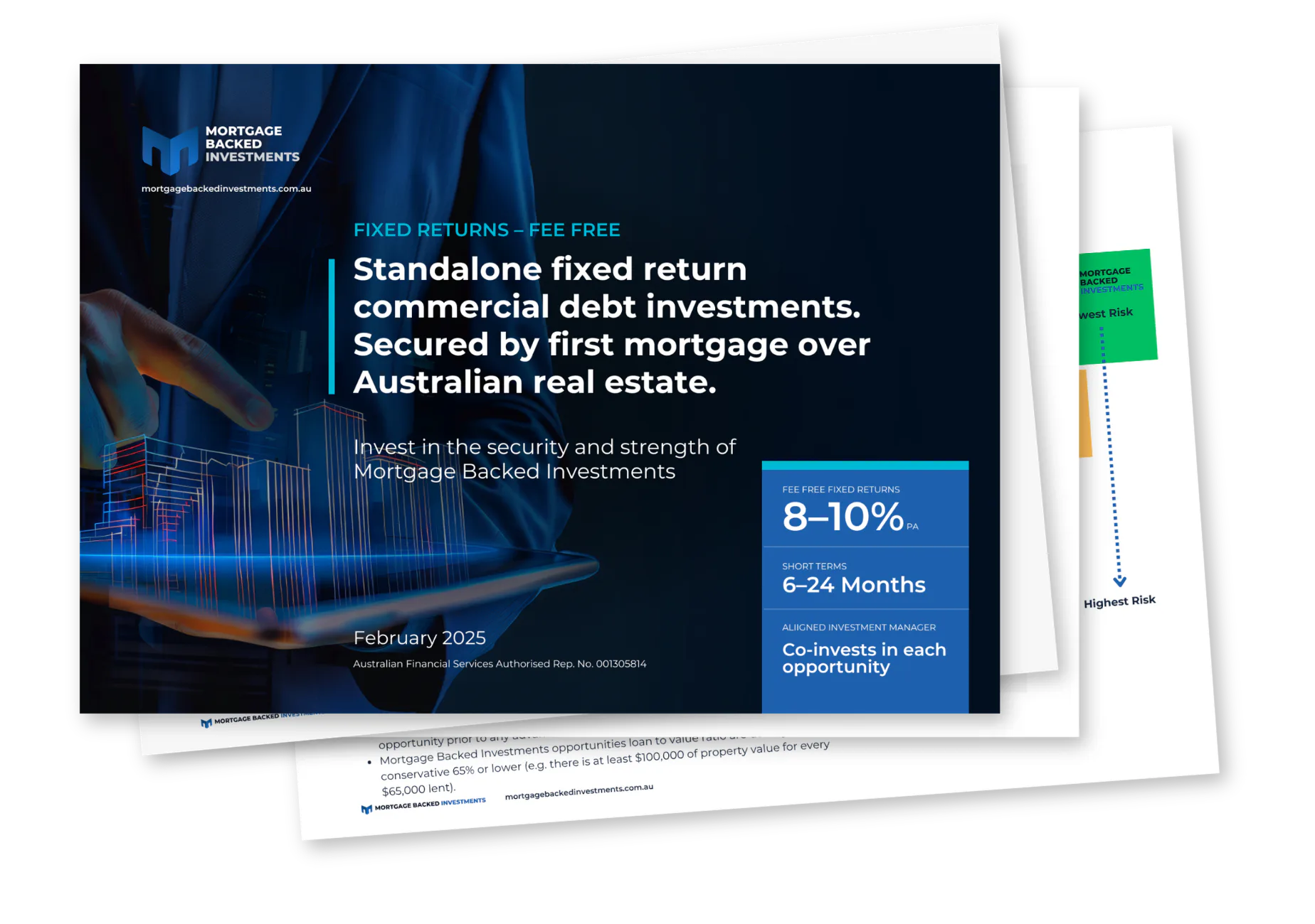 Mortgage Backed Investments pitch deck pages showing fixed return commercial debt investments secured by Australian real estate, with 8-10% p.a. returns and risk assessment scale.