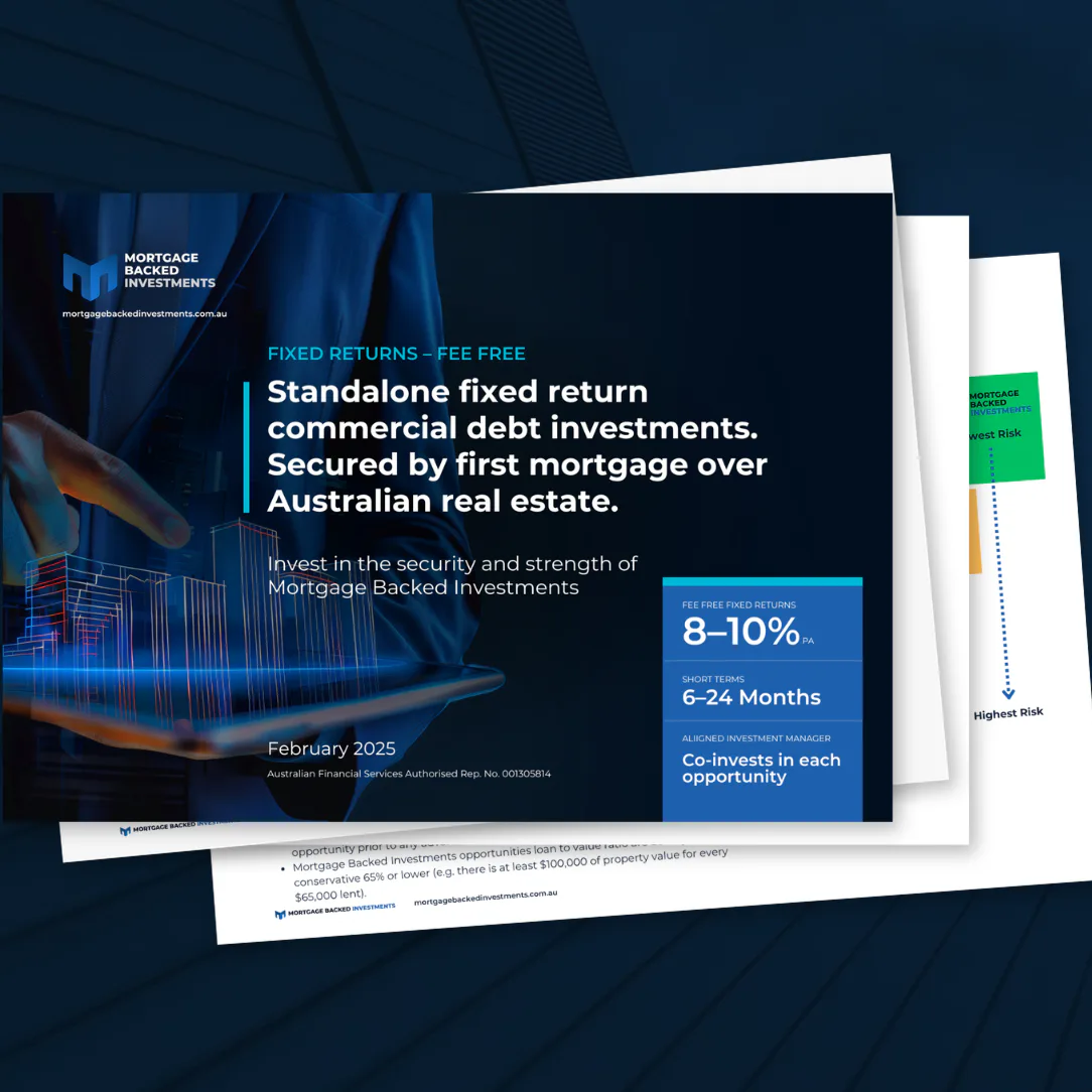 Multi-page investment pitch deck for Mortgage Backed Investments displaying fixed return offerings of 8-10% over 6-24 months, secured by Australian real estate mortgages, with risk assessment infog...