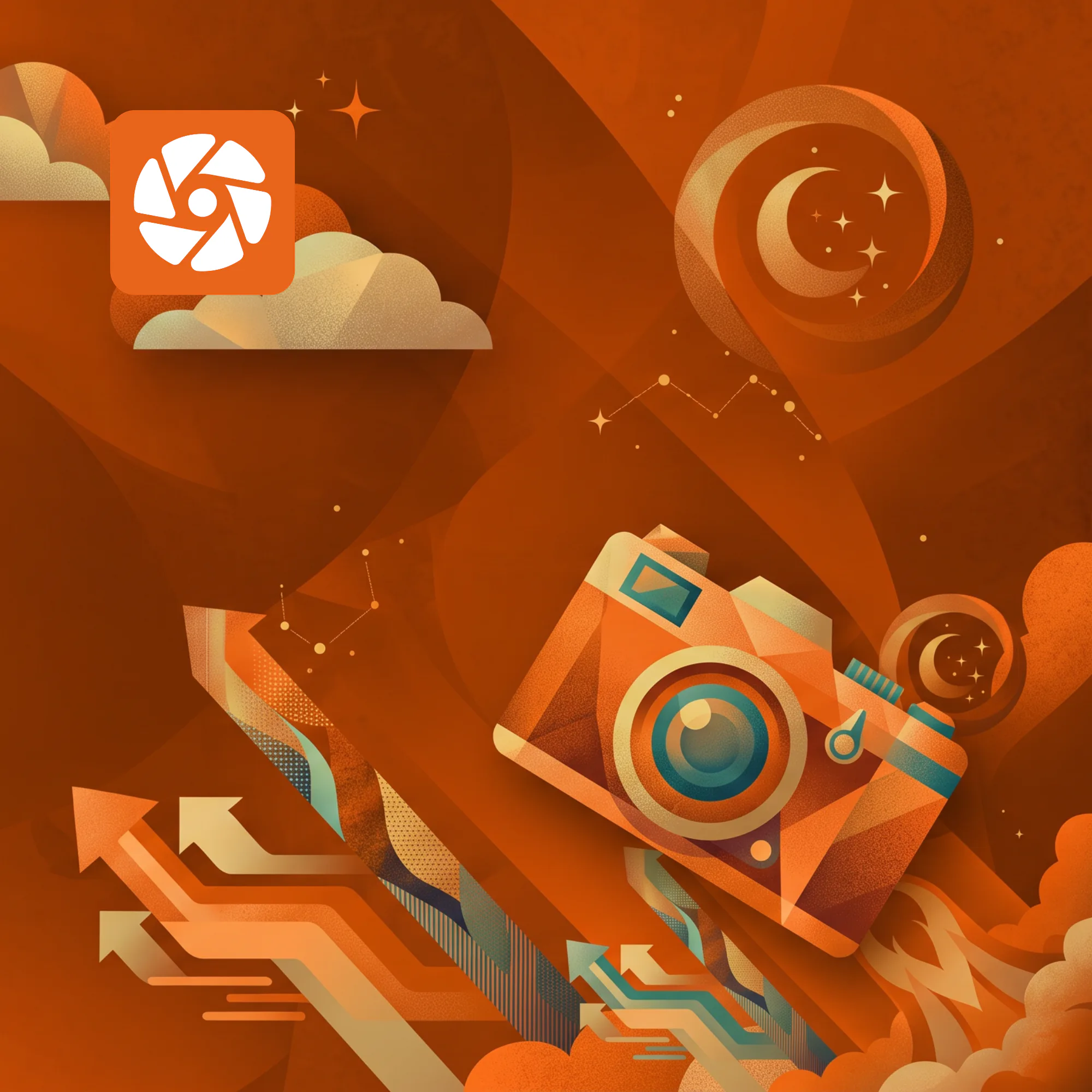 Stylized illustration featuring a camera with blue lens, aperture icon, crescent moon with stars, upward growth arrows, and clouds on warm orange gradient background representing creative and media...