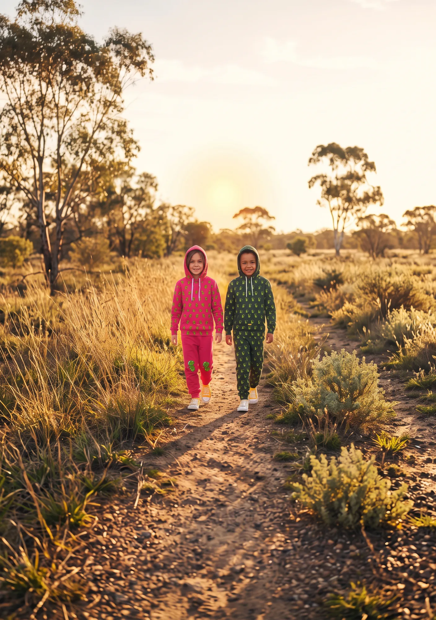 Two girls in colorful hoodies jogging together on a sandy trail through dry Australian bushland with scattered trees and golden grass under warm sunset lighting