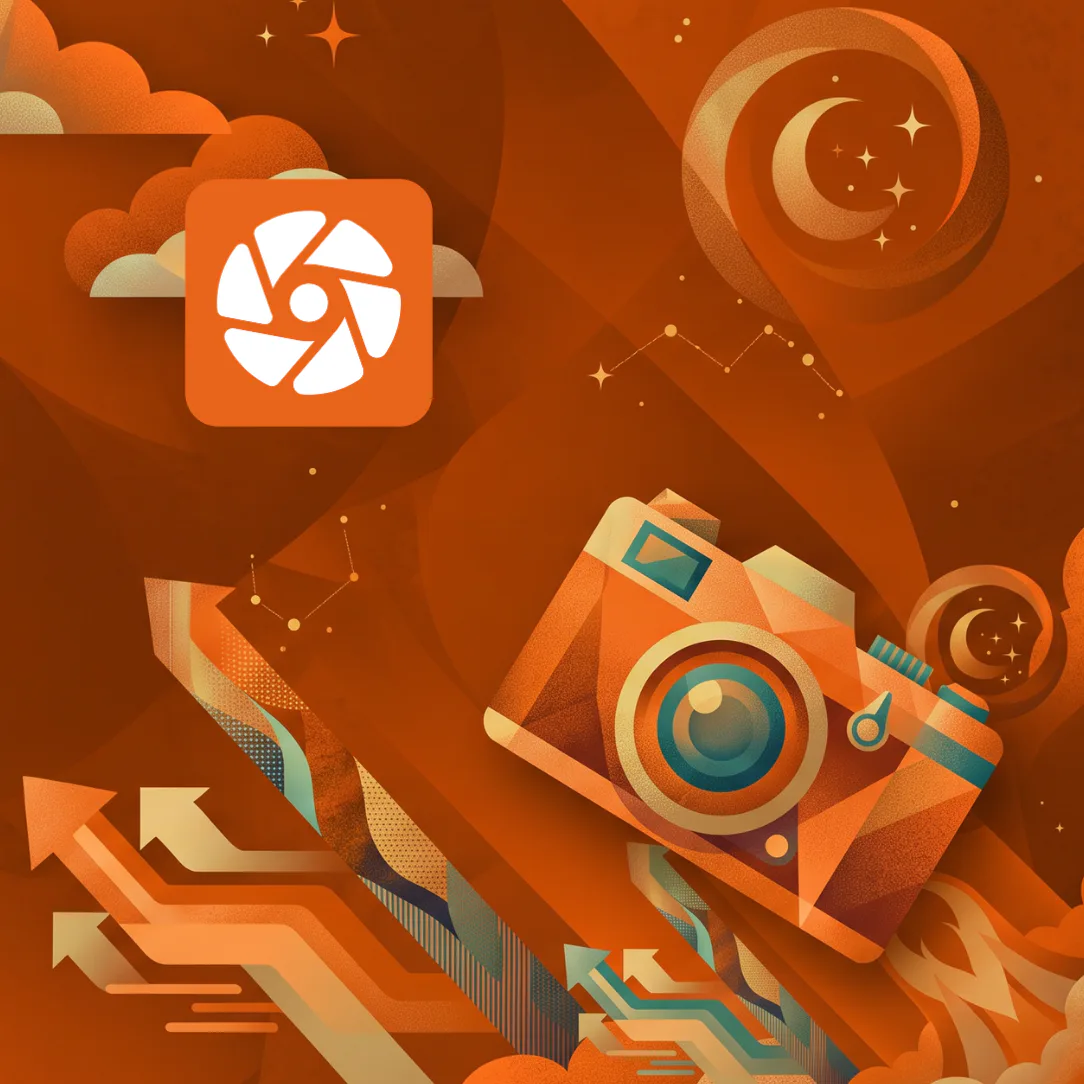 Illustrated flat design showing an orange camera with blue lens surrounded by clouds, moon, stars, upward arrows, and geometric shapes on a warm orange gradient background