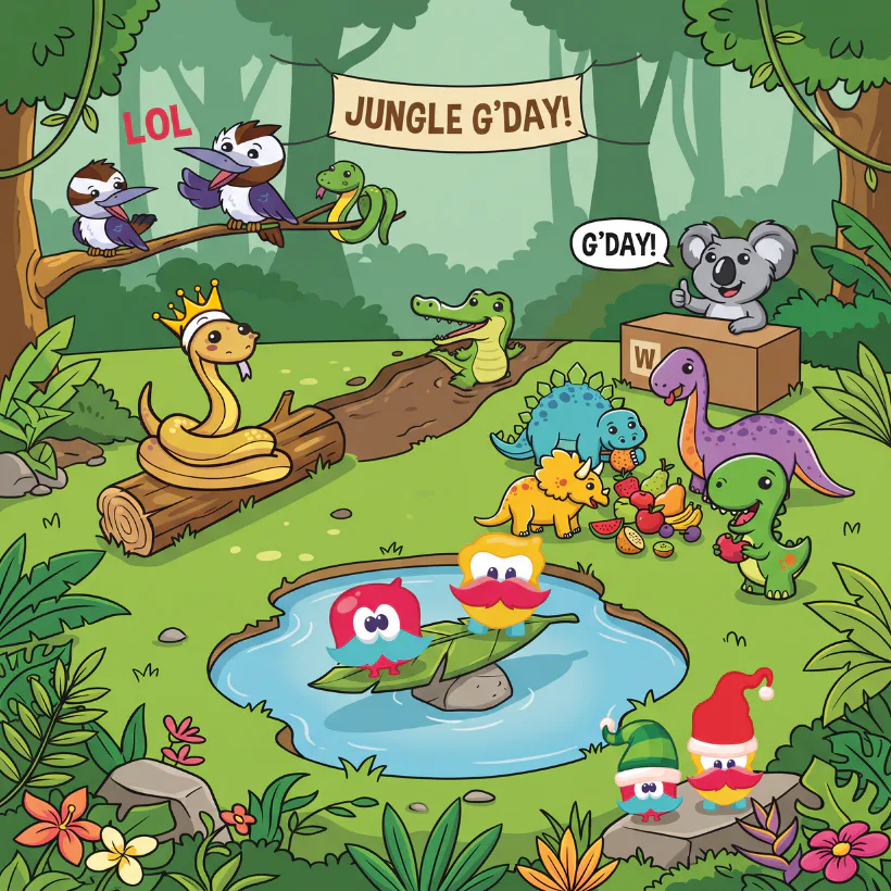 Whimsical cartoon illustration of diverse jungle animals gathered in a lush green forest setting, featuring birds, snakes, koalas, dinosaurs, and water creatures celebrating with speech bubbles say...