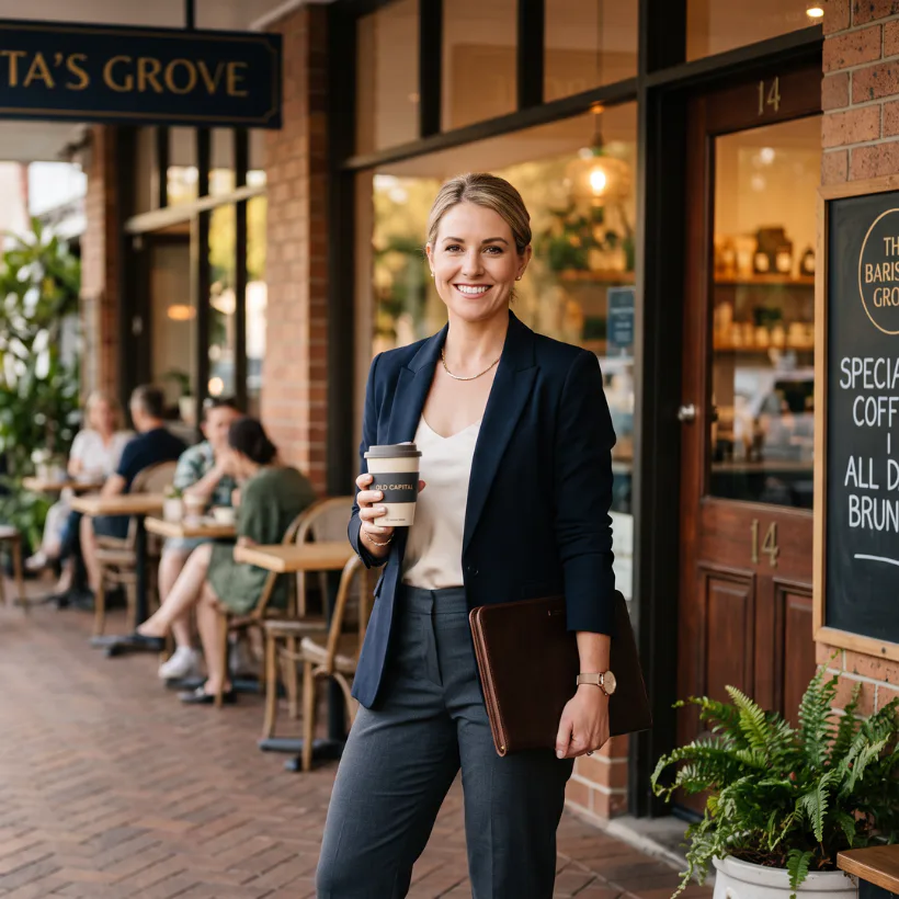 Smiling woman in business casual attire holding a coffee cup outside a brick storefront with 'Ta's Grove' signage, with customers visible through windows behind her