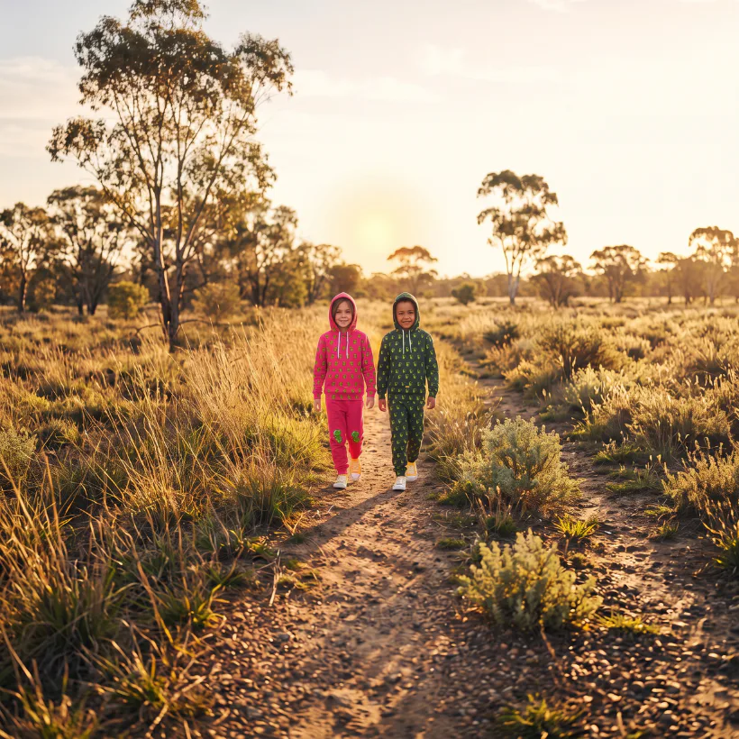 Two children in colorful hoodies walking along a dirt path through golden grassland with scattered eucalyptus trees and shrubs under warm sunset lighting