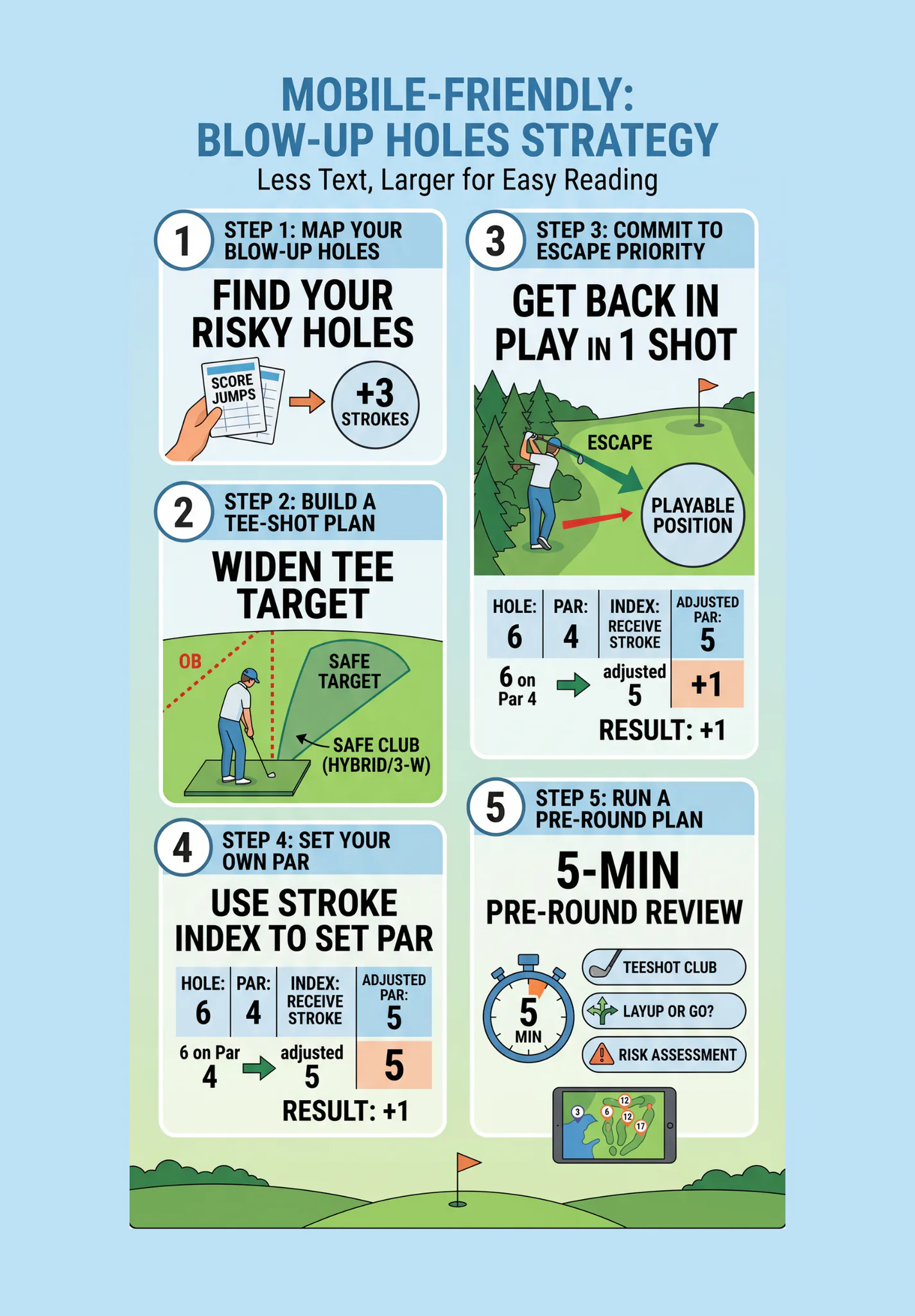 Infographic showing a 5-step golf strategy to manage difficult holes, including mapping risky holes, widening tee targets, setting adjusted par, prioritizing escape shots, and pre-round planning wi...