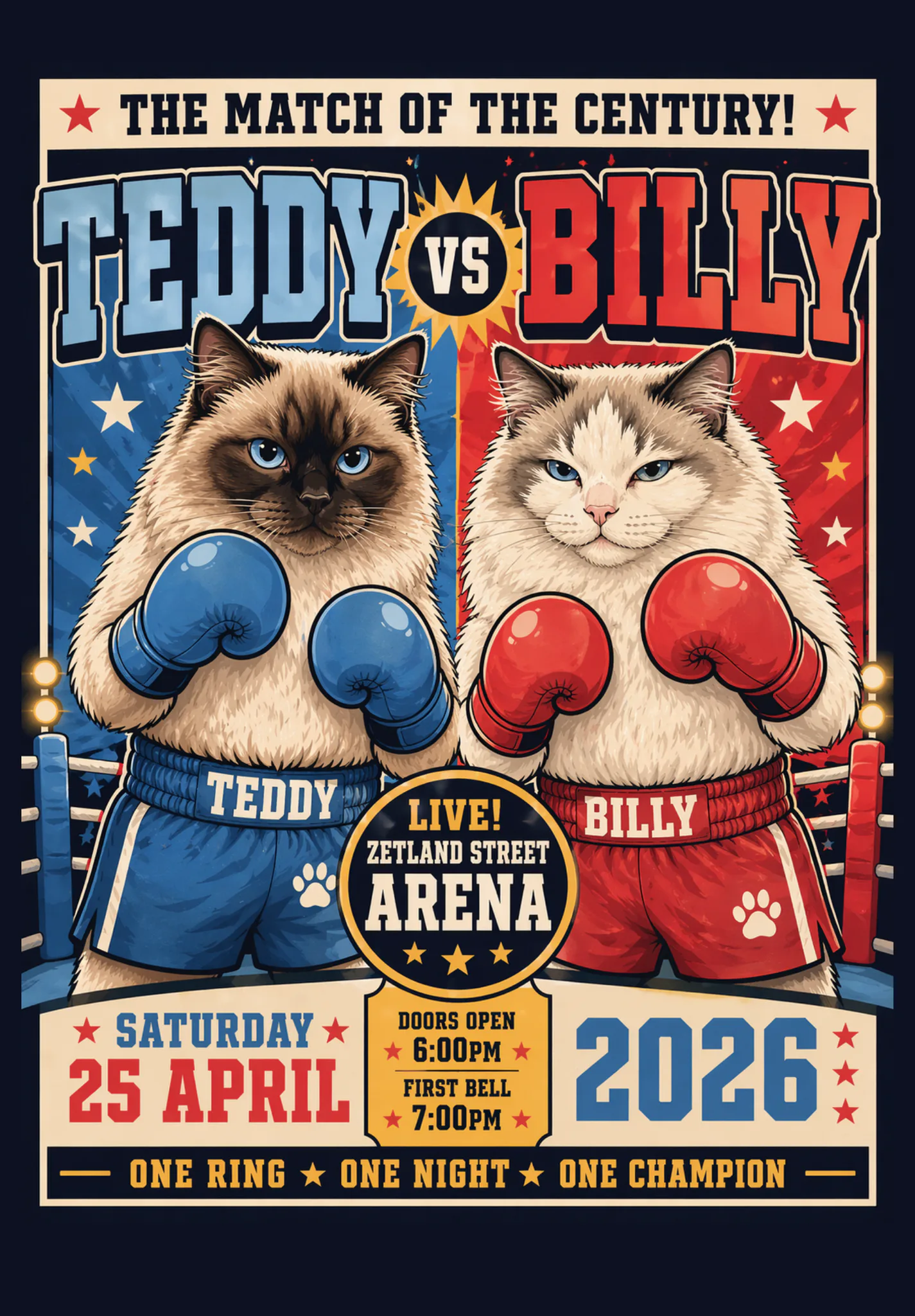 Vintage boxing match poster featuring two fluffy cats wearing boxing gloves. Left cat 'Teddy' in blue shorts and gloves, right cat 'Billy' in red shorts and gloves, facing each other against blue a...