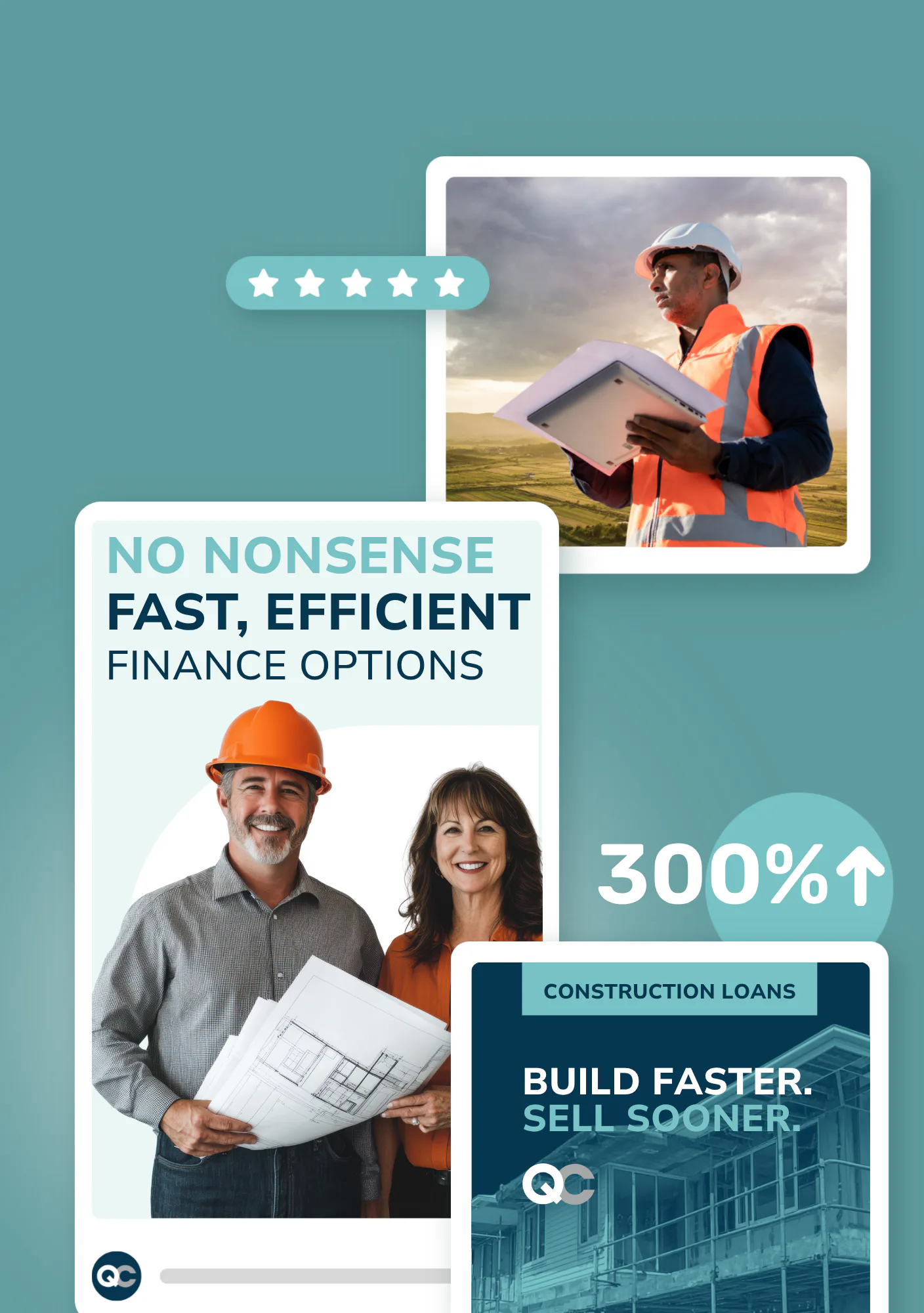 Professional construction workers in safety gear reviewing building plans and blueprints outdoors, with 5-star rating overlay promoting fast, efficient financing solutions