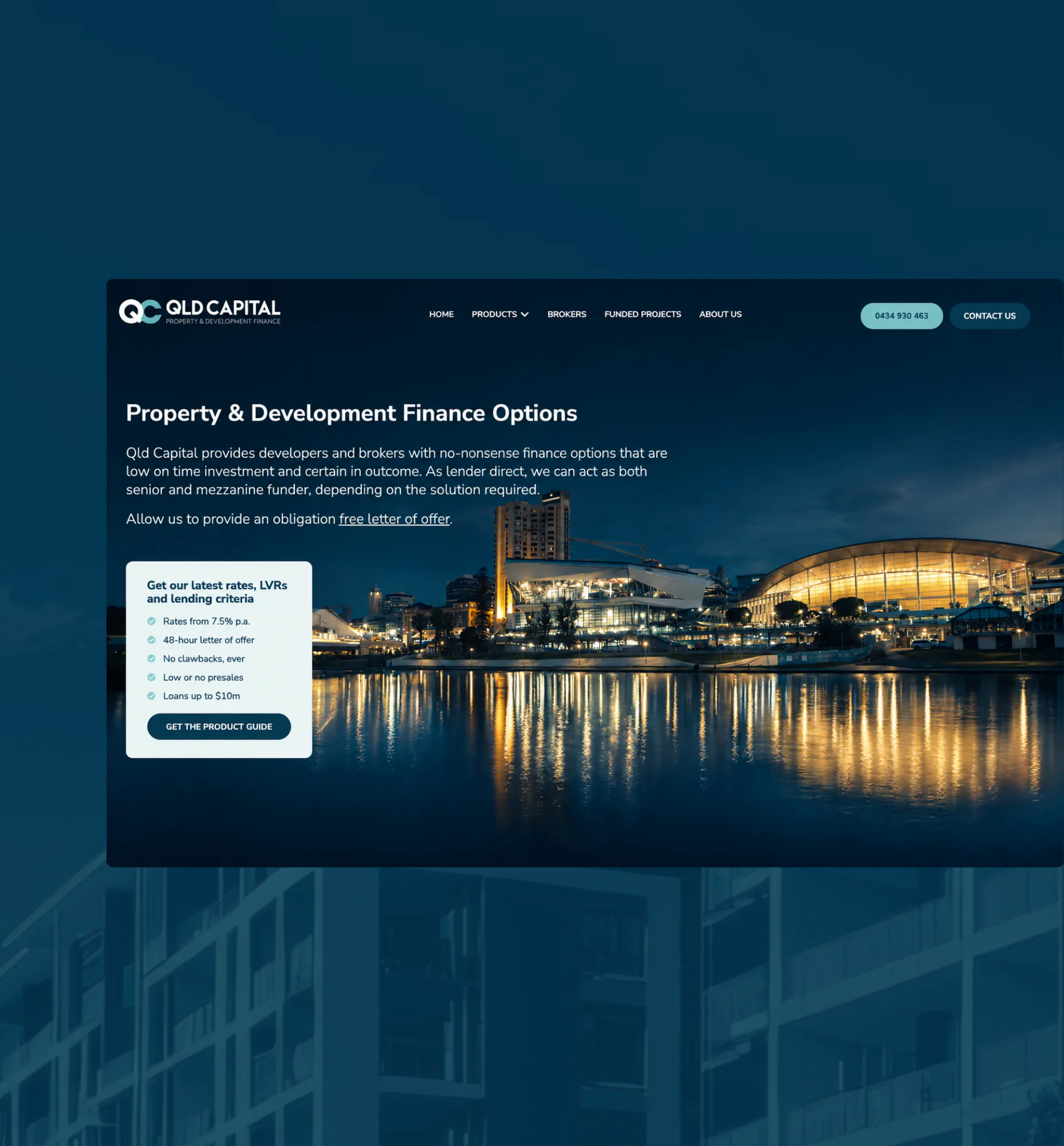 Brisbane riverside cityscape at night with illuminated buildings and water reflections, featuring QLD Capital's property finance webpage with rates and lending criteria information.