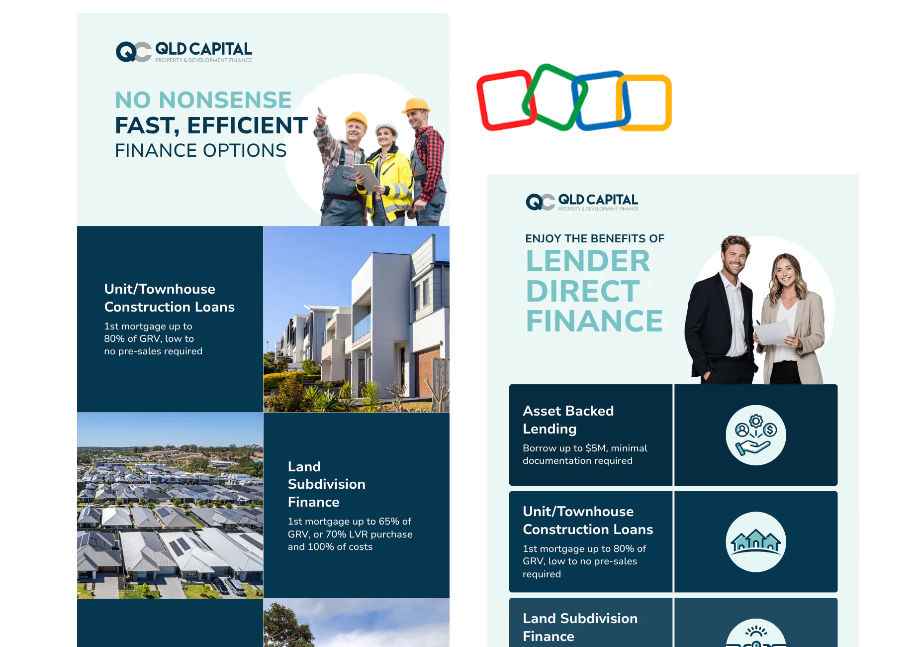 Marketing materials showcasing QLD Capital's property and development finance services, including construction loans, land subdivision finance, and lender direct finance options with construction w...