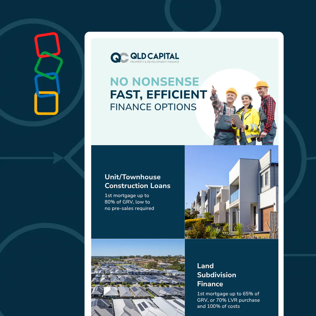 QLD Capital branding and marketing materials showcasing property development finance options including construction loans, unit/townhouse financing, and land subdivision loans with construction wor...