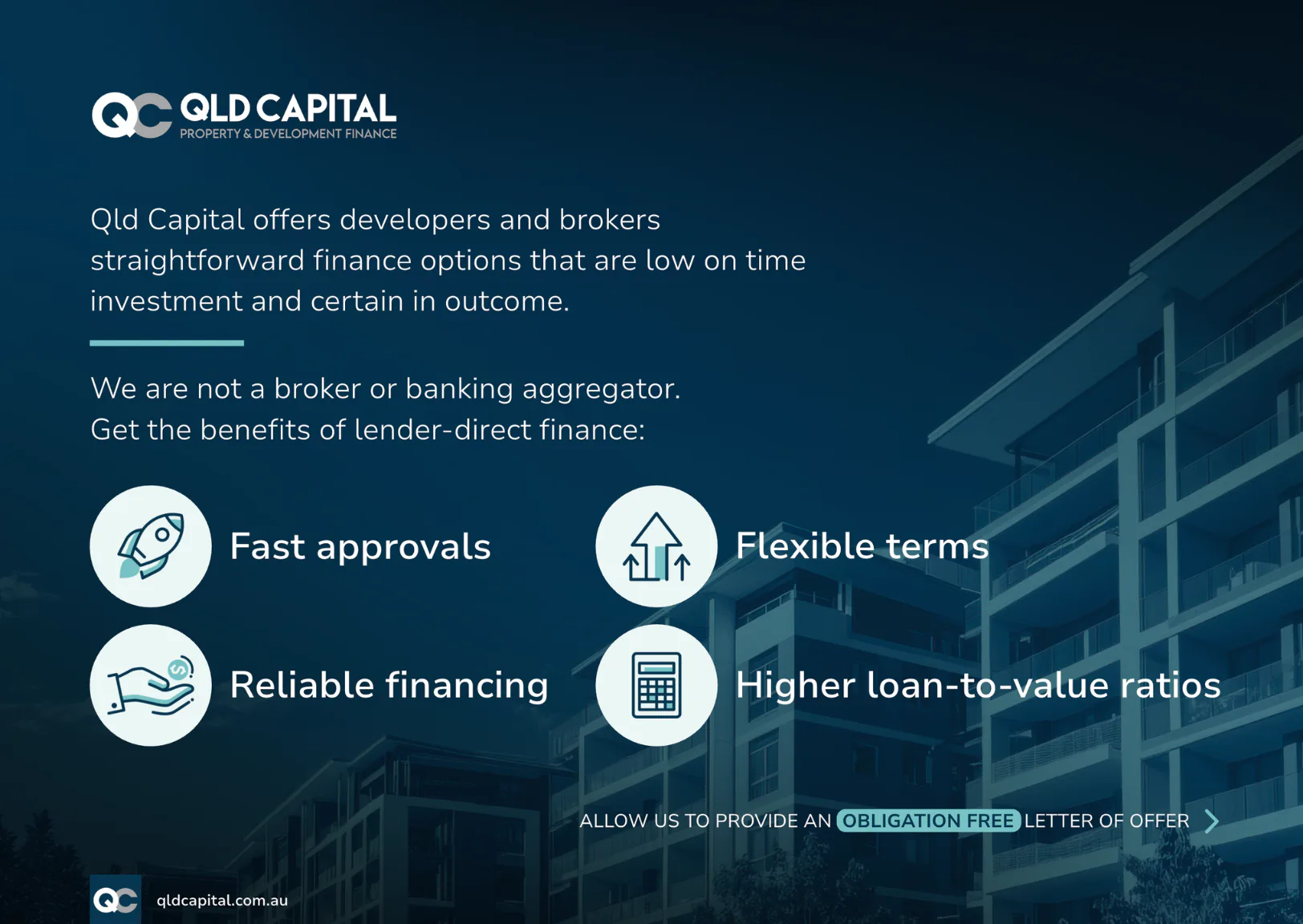 Qld Capital website showcasing four key benefits: fast approvals with rocket icon, flexible terms with growth arrows, reliable financing with hands icon, and higher loan-to-value ratios with calcul...