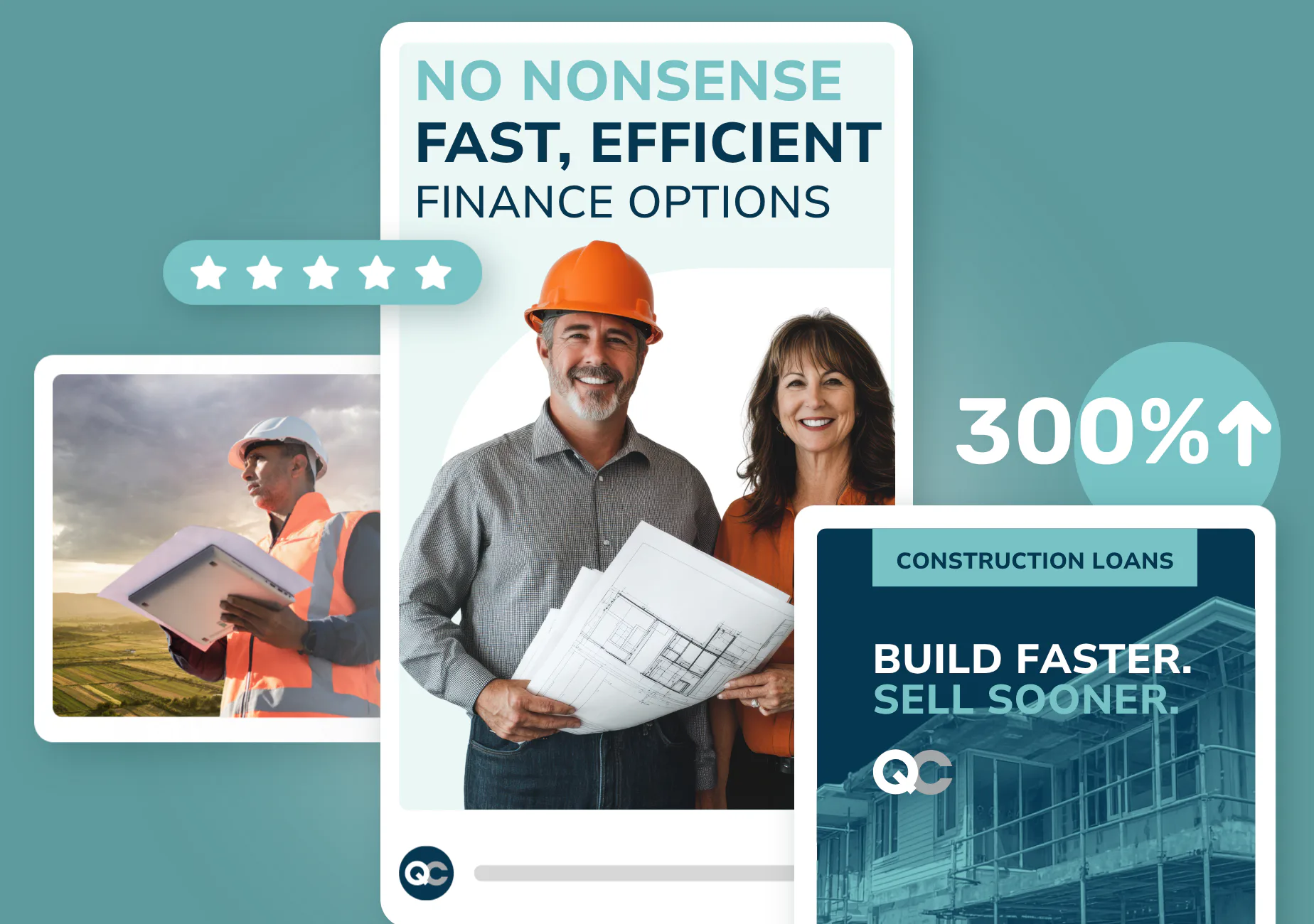 Construction finance marketing collage featuring construction worker with tablet and blueprints, professional couple reviewing building plans, 300% growth indicator, five-star rating, and construct...