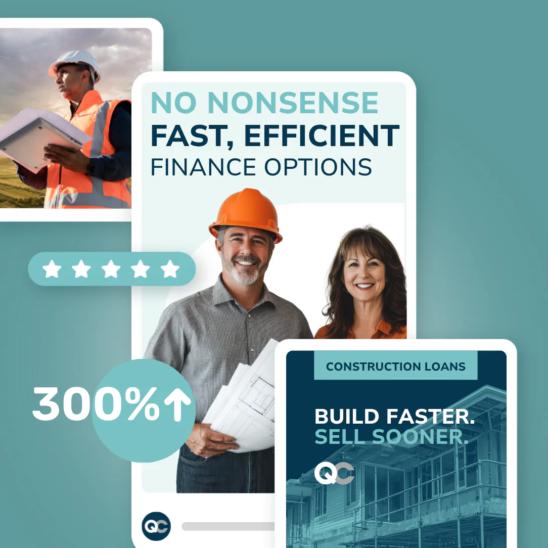 Marketing collage featuring construction professionals with hard hats holding blueprints, smiling woman, five-star rating, 300% growth indicator, and text promoting fast construction loans and effi...