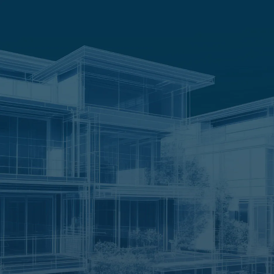 Architectural blueprint of a contemporary three-story glass and steel house with floor-to-ceiling windows, flat roofs, and minimalist landscaping against a deep blue background.