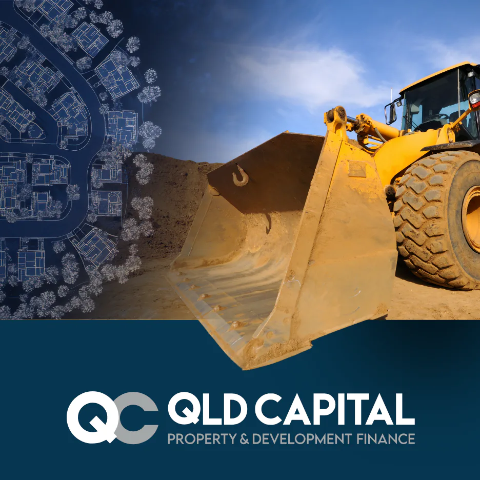 Yellow wheel loader with raised bucket on construction site, overlaid with architectural floor plans showing residential development layout with landscaping details