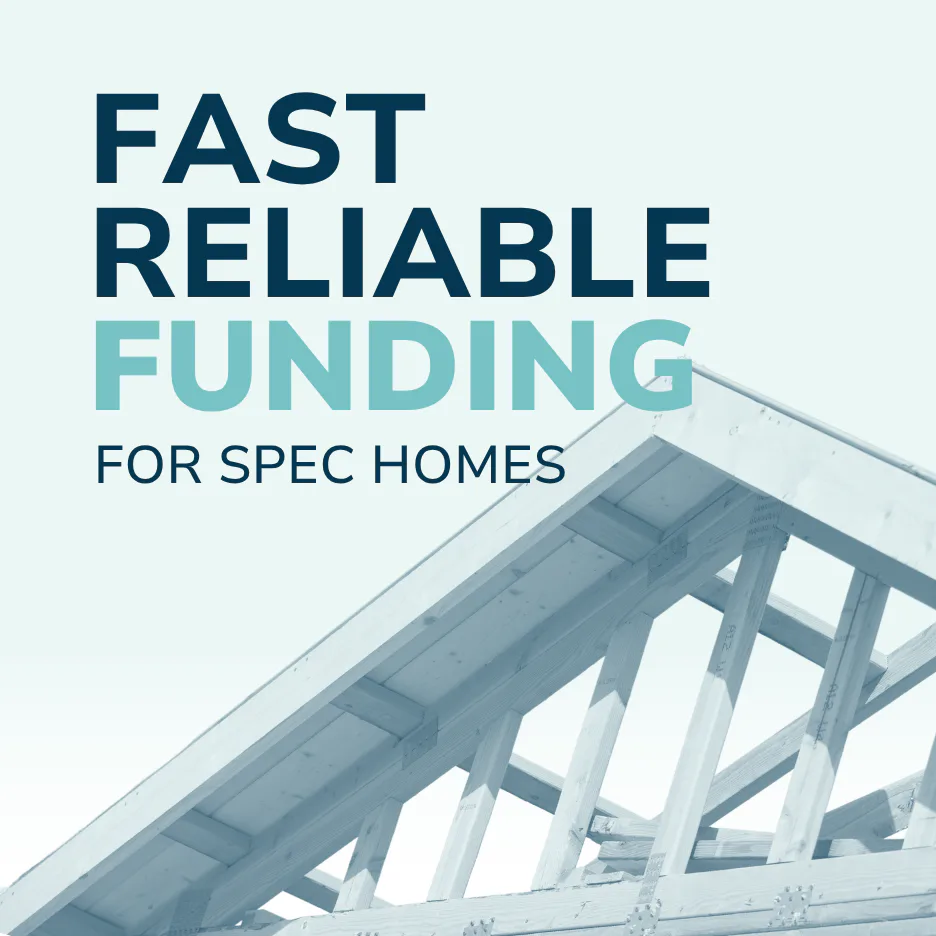 Modern architectural roof frame with structural beams and white text reading 'Fast Reliable Funding for Spec Homes' on light background, representing construction financing solutions.