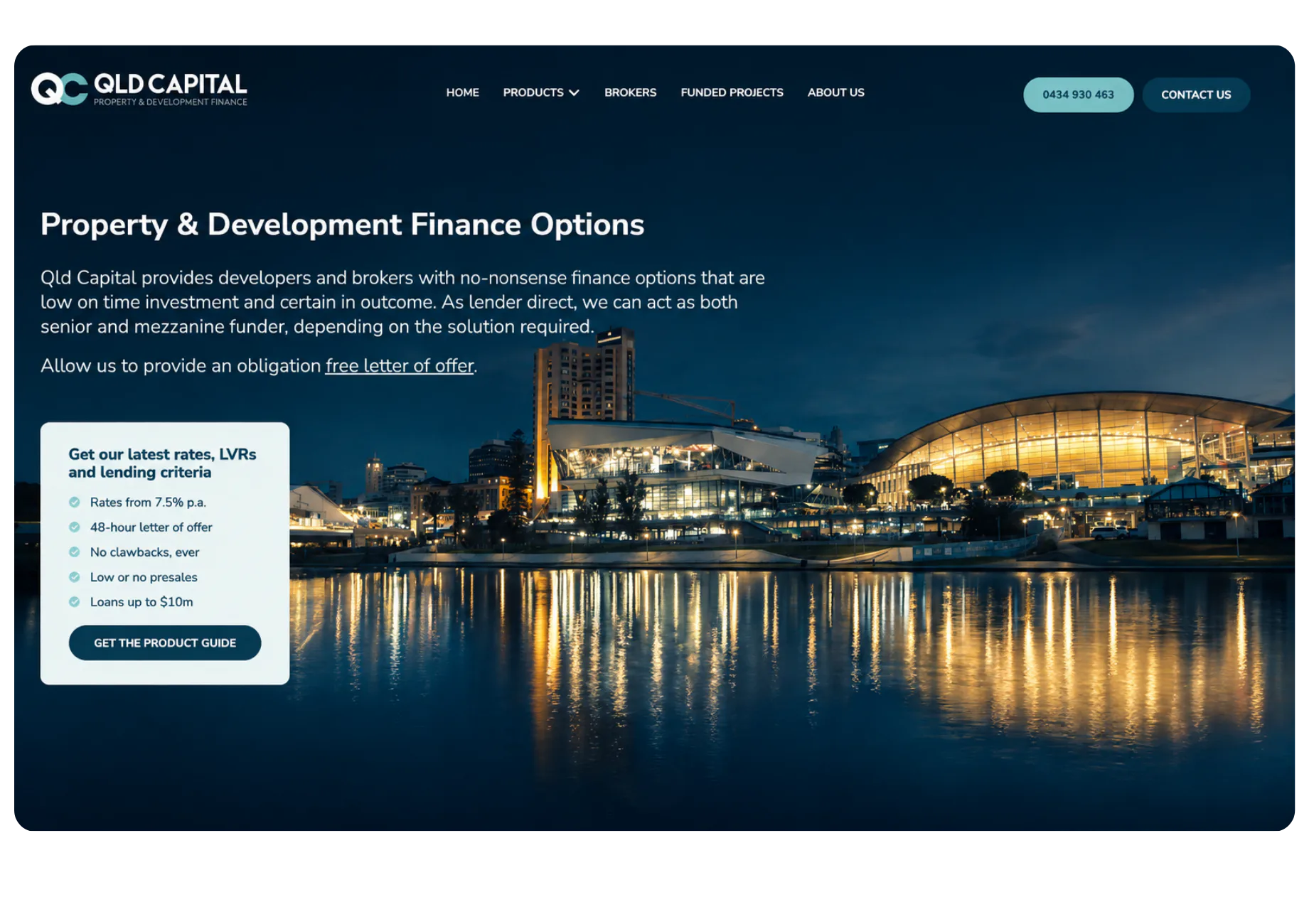 Modern website homepage for QLD Capital displaying property and development finance options with illuminated riverside cityscape featuring buildings reflected in water at dusk.