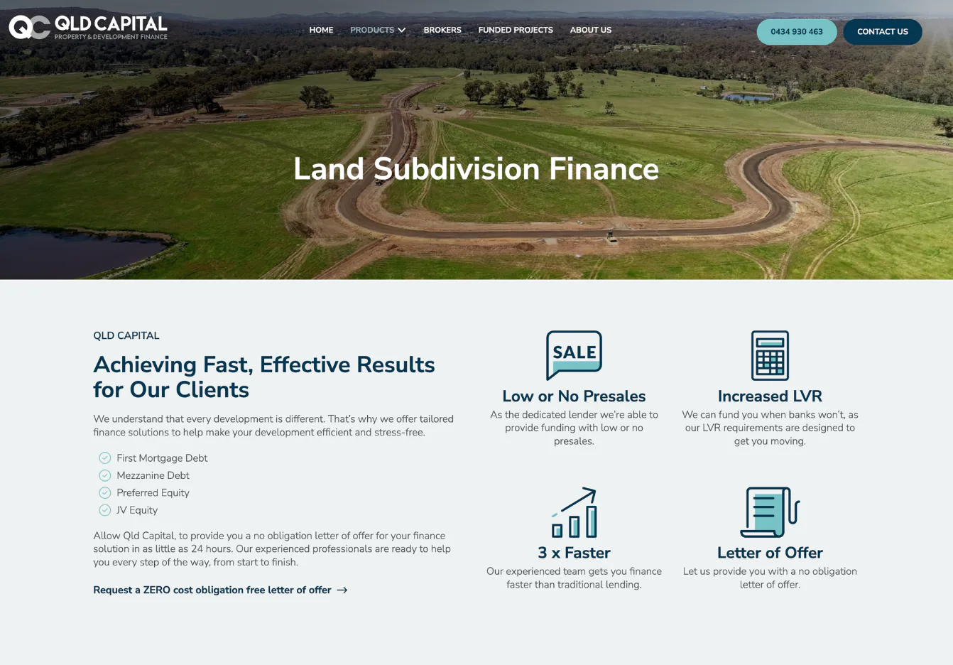 Aerial view of rural land with curved development roads, green pastures, scattered trees, water pond, and construction equipment showing land subdivision planning for development.