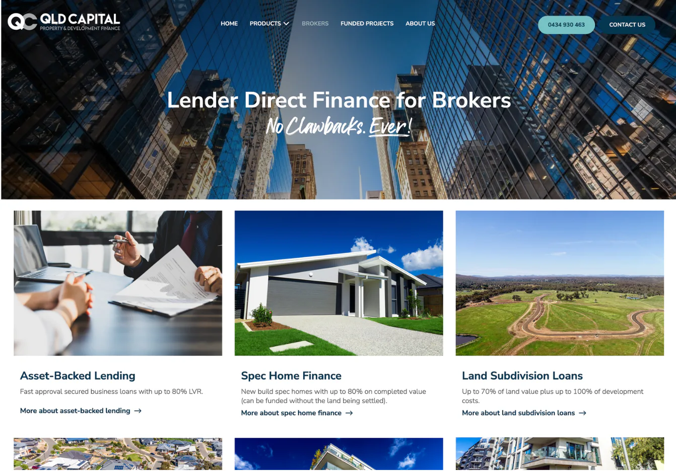 QLD Capital website homepage displaying lender direct finance services for brokers with upward-angled view of modern city skyscrapers against blue sky, featuring navigation menu and tagline 'No Cla...