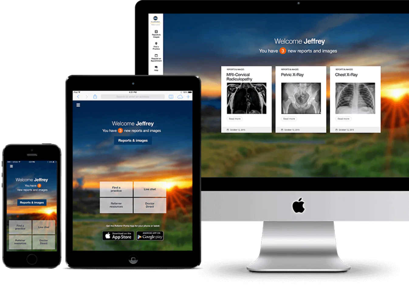 Healthcare portal interface displayed across smartphone, tablet, and desktop computer, showing welcome screen with medical imaging reports including MRI cervical radiography, pelvic X-ray, and ches...