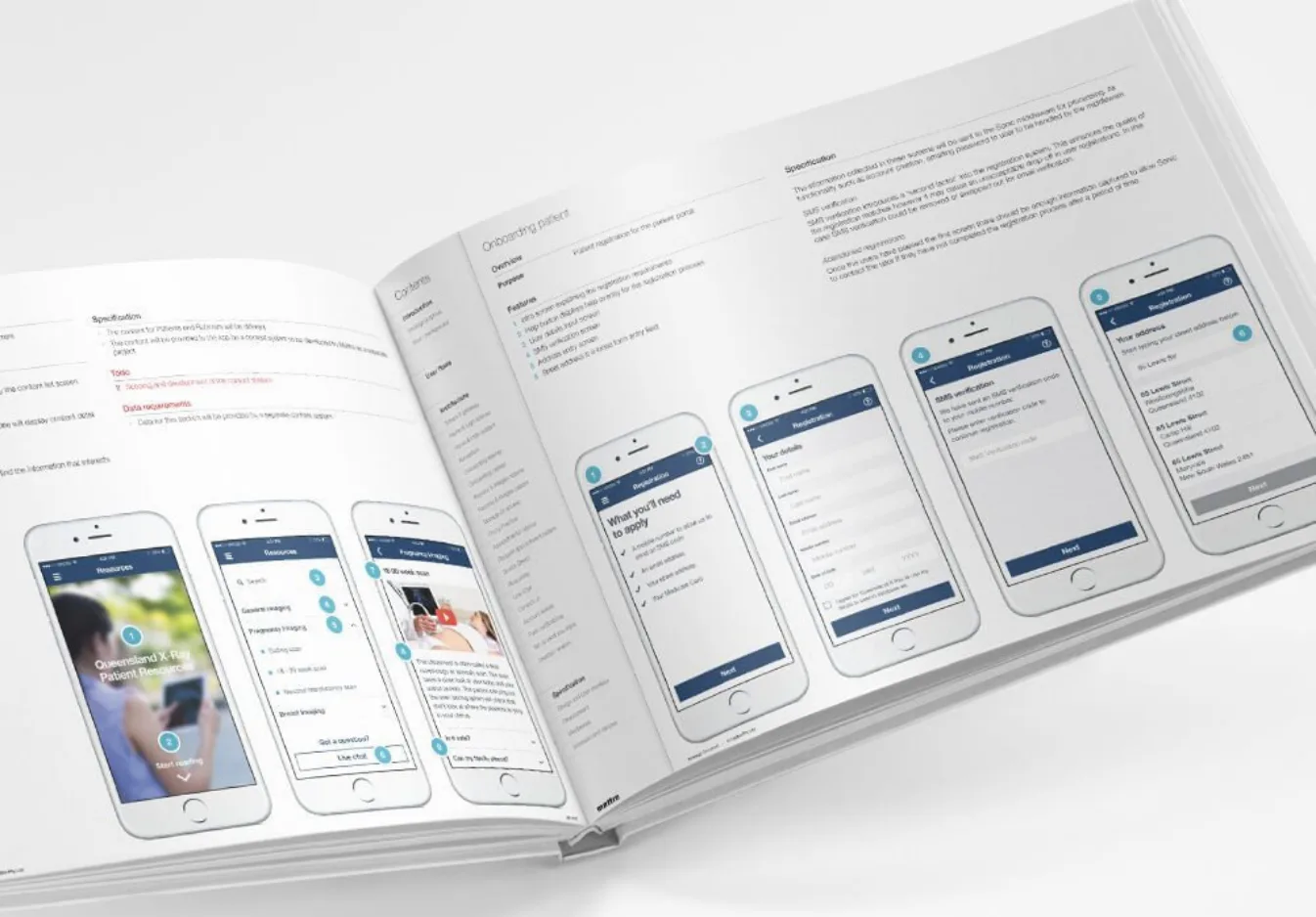Open magazine displaying healthcare mobile app interface mockups on white iPhones, showing patient resources, messaging features, and navigation screens with navy blue headers and cyan accent buttons.