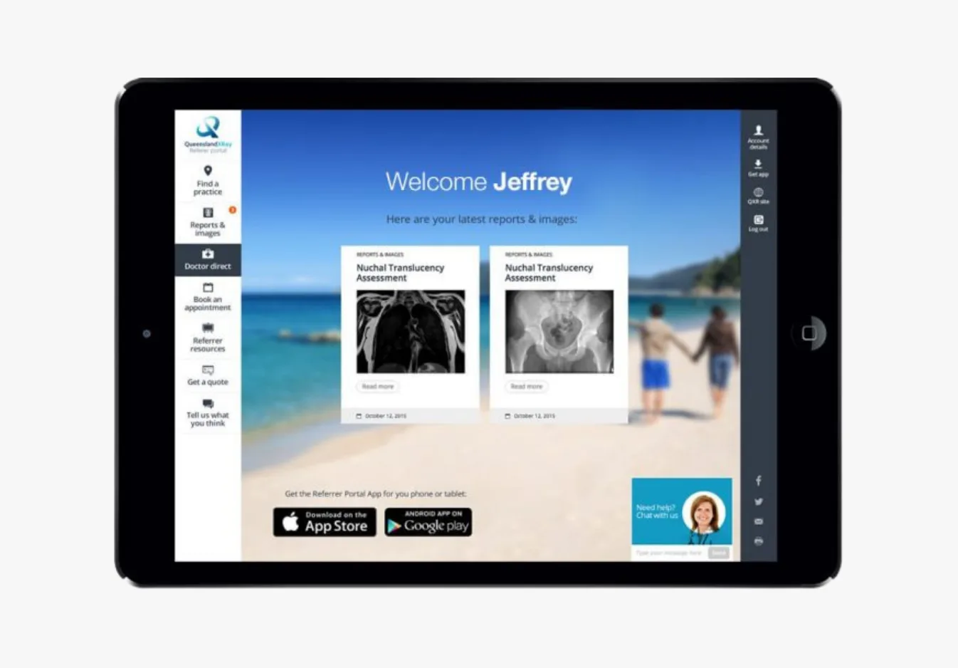 Tablet screen displaying a healthcare referral portal welcome page for user Jeffrey, showing nuchal translucency assessment reports with medical imaging, navigation menu on left side, and app downl...