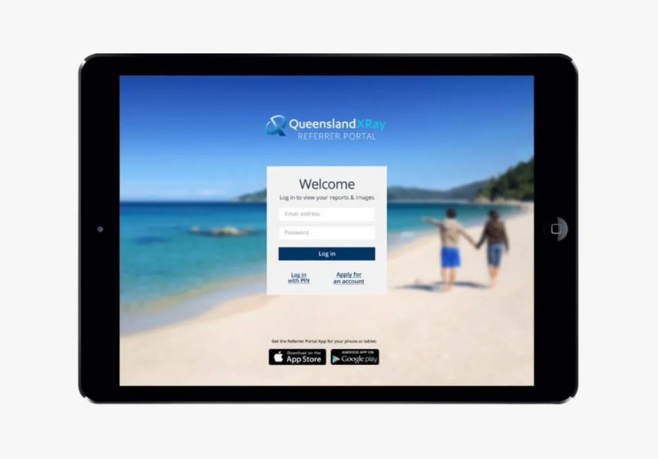 Tablet displaying Queensland Pathology Referrer Portal login interface with welcome message, email and password fields, log in button, PIN login option, and app store download links against beach b...