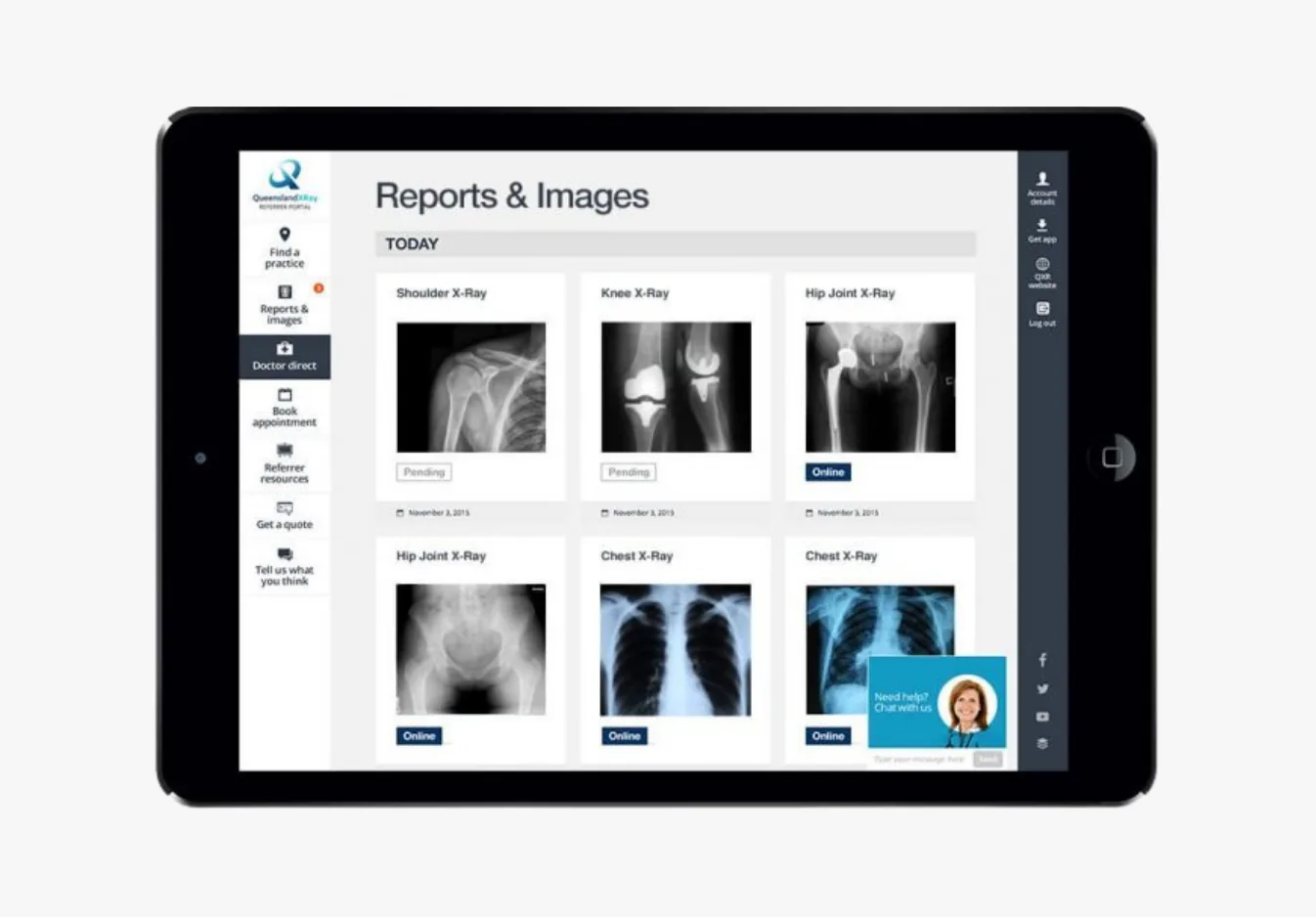 Tablet screen displaying a medical reports and images portal with six X-ray thumbnails organized in a grid, including shoulder, knee, hip joint, and chest X-rays with status indicators and dates fr...
