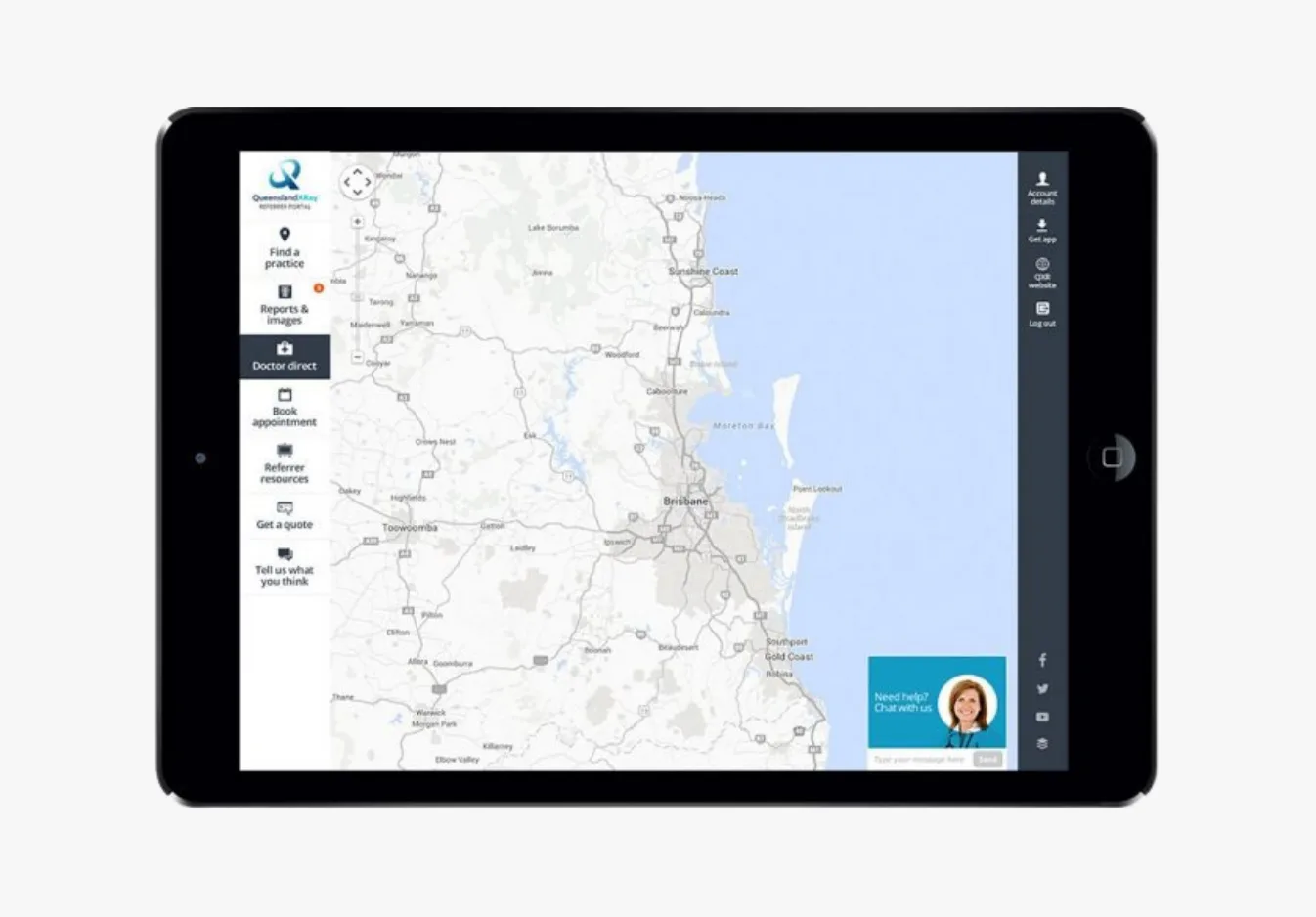 Tablet displaying Queensland healthcare directory map with practice locator feature, showing Brisbane coast region with navigation menu including doctor direct, appointment booking, and chat suppor...