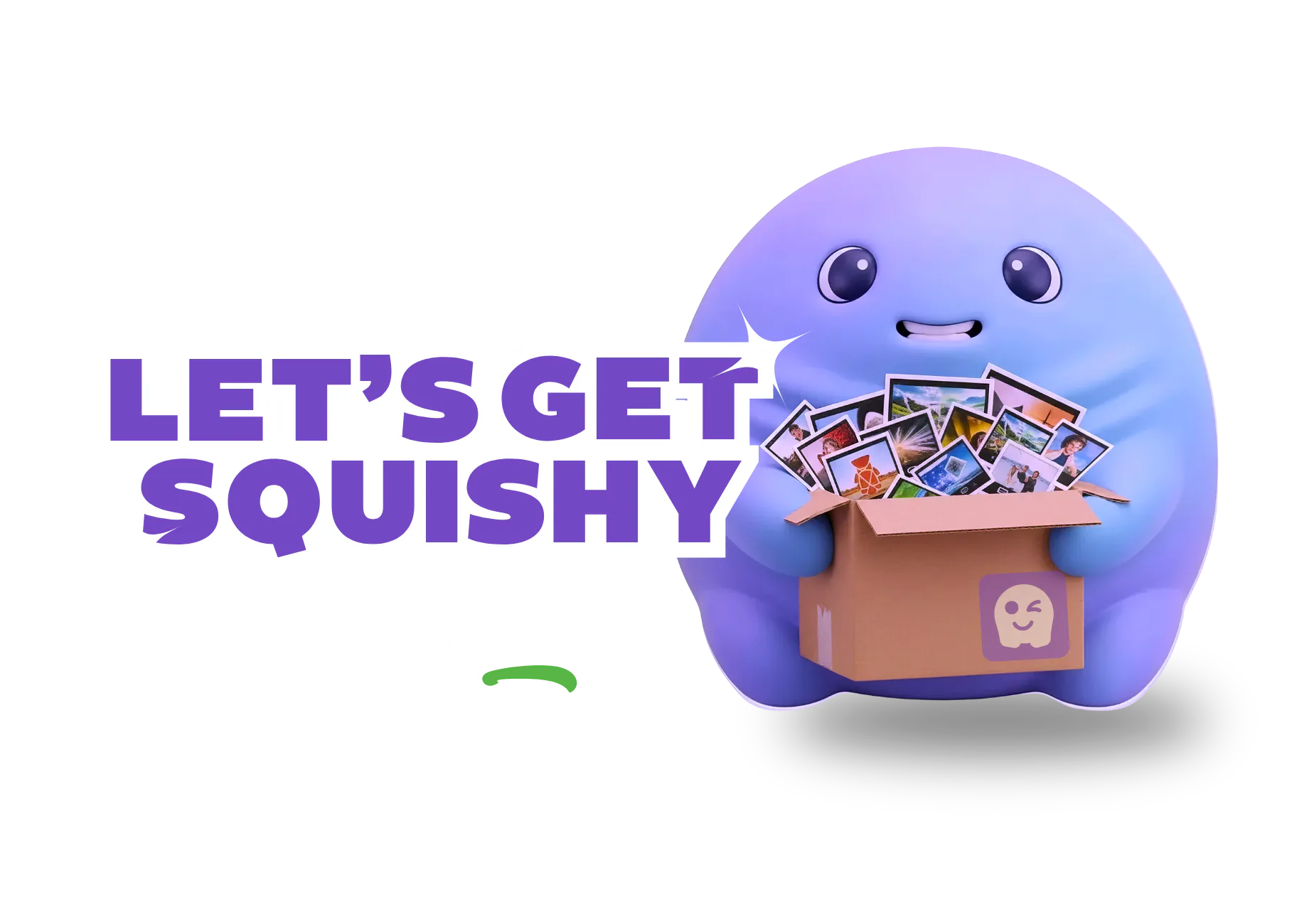 Purple squishy character with large expressive eyes holding a cardboard box overflowing with colorful photos and memories, smiling happily