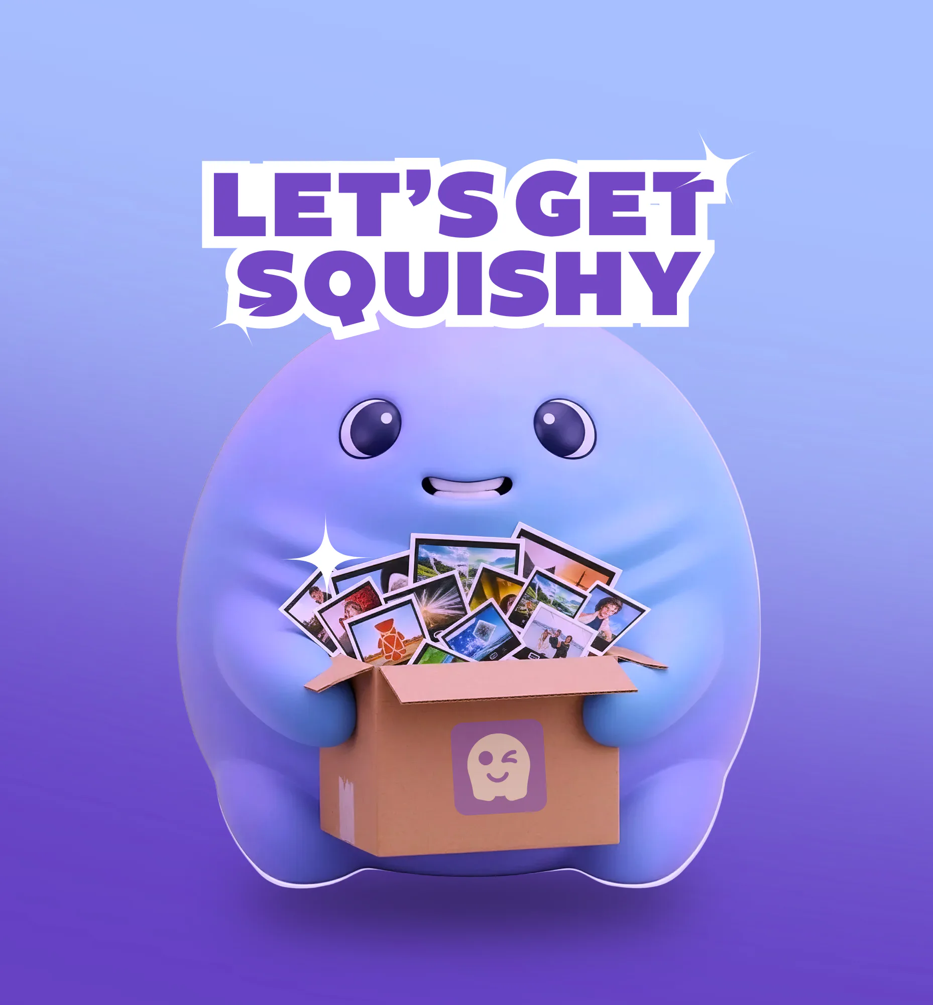 Smiling blue squishy character holding cardboard box overflowing with colorful photograph memories, featuring sparkle effects on gradient purple background