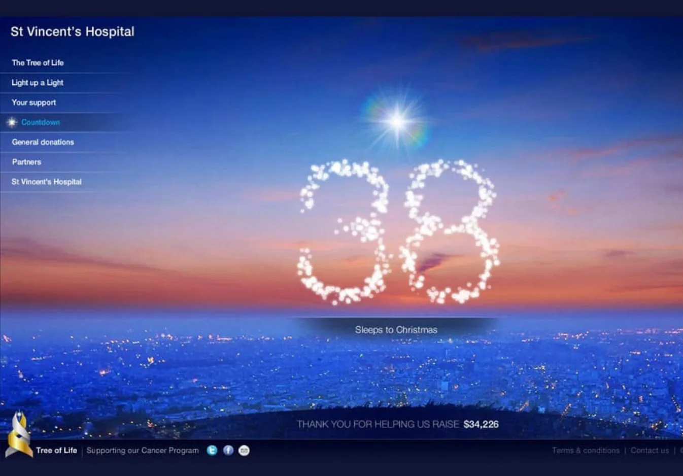 Illuminated number 38 made of glowing lights against a sunset sky with bright sun, representing days until Christmas. Text reads 'Sleeps to Christmas' with donation total of $34,226 below.