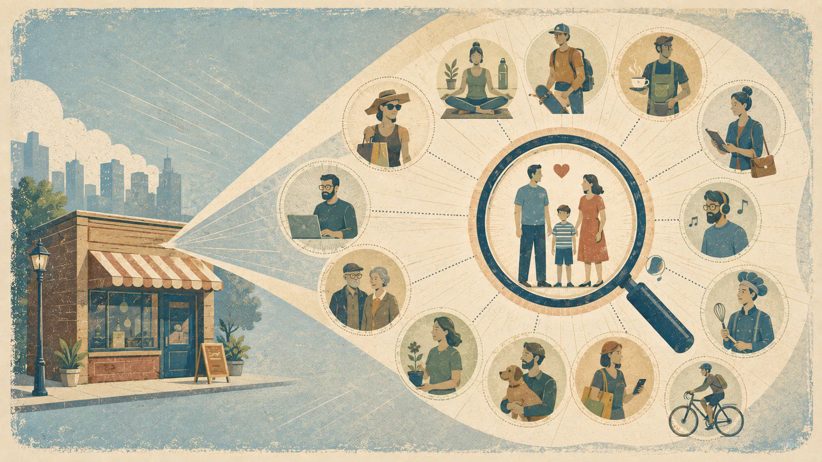 Vintage-style infographic showing a brick storefront on the left emitting connected icons of diverse people engaged in various activities and professions, flowing into a large magnifying glass high...