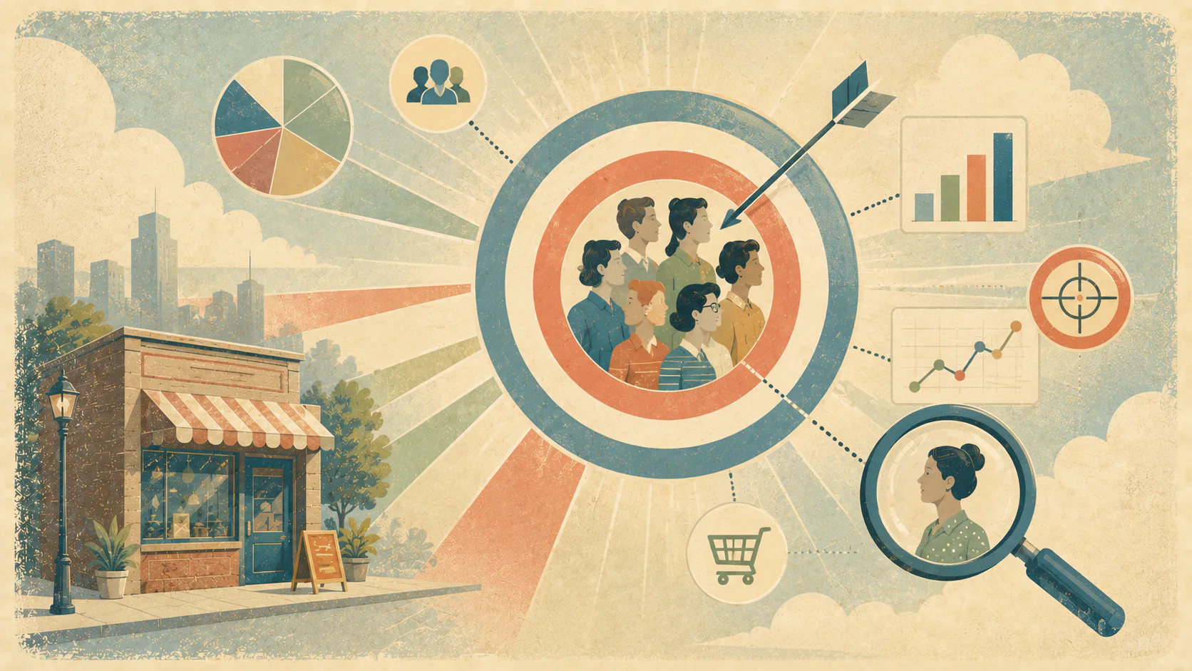Vintage-style infographic showing a retail storefront on the left with a cityscape, flowing into a large circular target with multiple concentric rings containing diverse business professionals. Co...