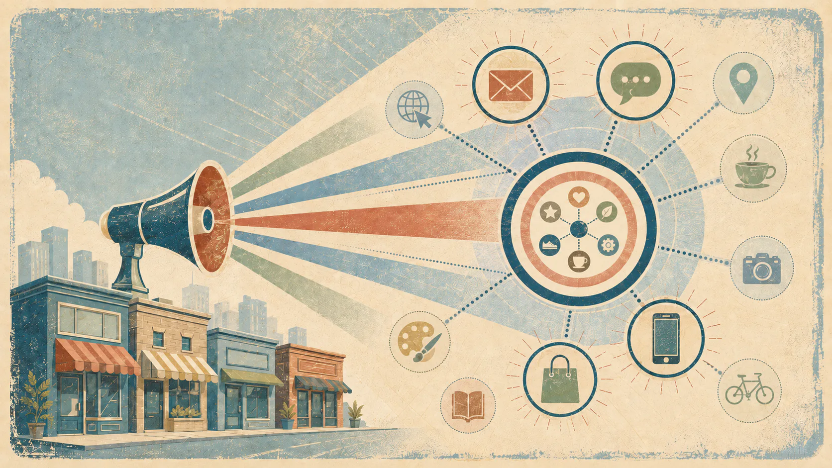 Vintage-style illustration showing a megaphone on a storefront broadcasting colorful lifestyle and commerce icons including email, chat, location, shopping bags, and camera toward a large concentri...