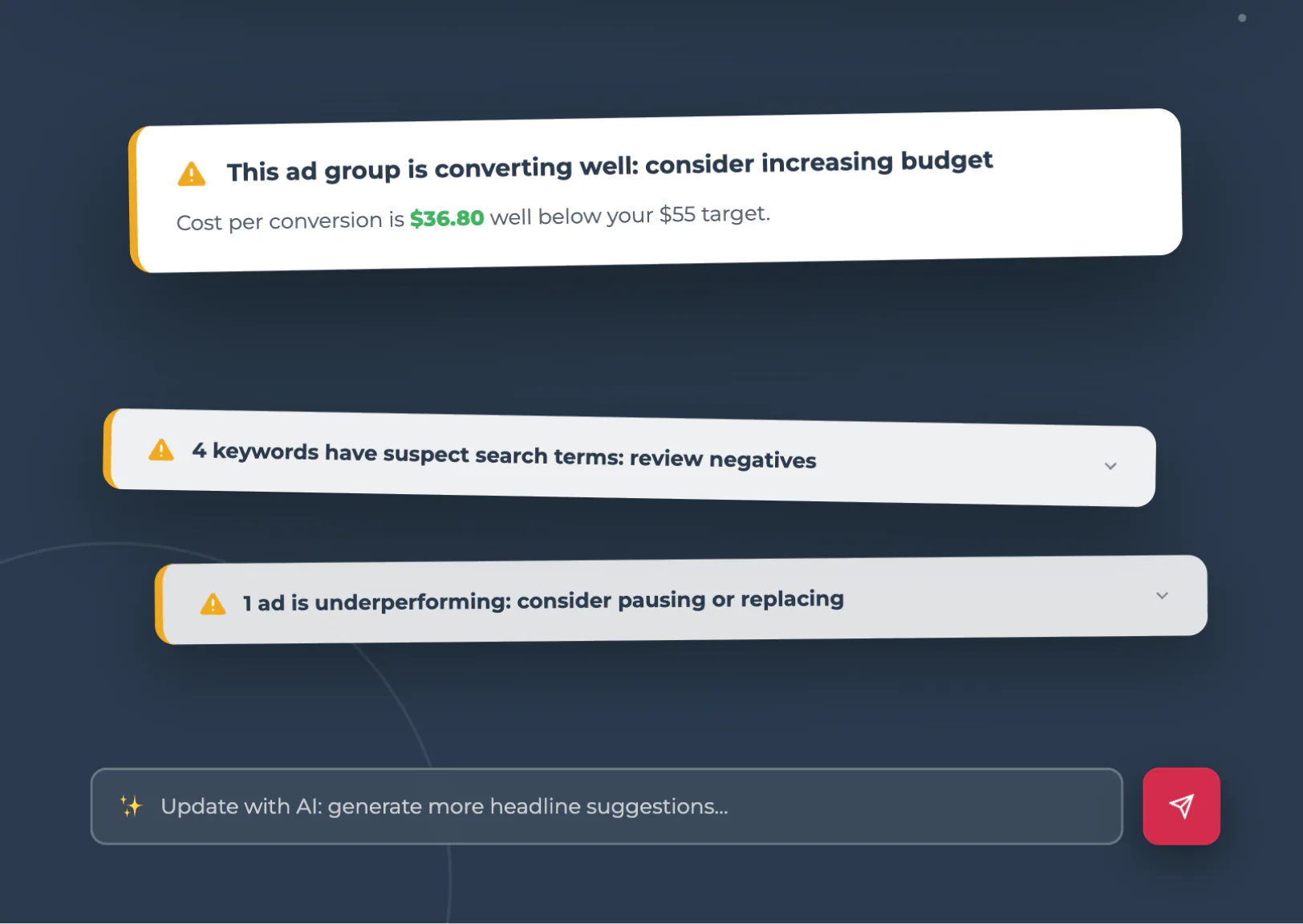 Dashboard screenshot displaying three warning alerts for Google Ads campaigns: high conversion rates with budget increase recommendation at $36.80 cost per conversion, suspect search terms review n...