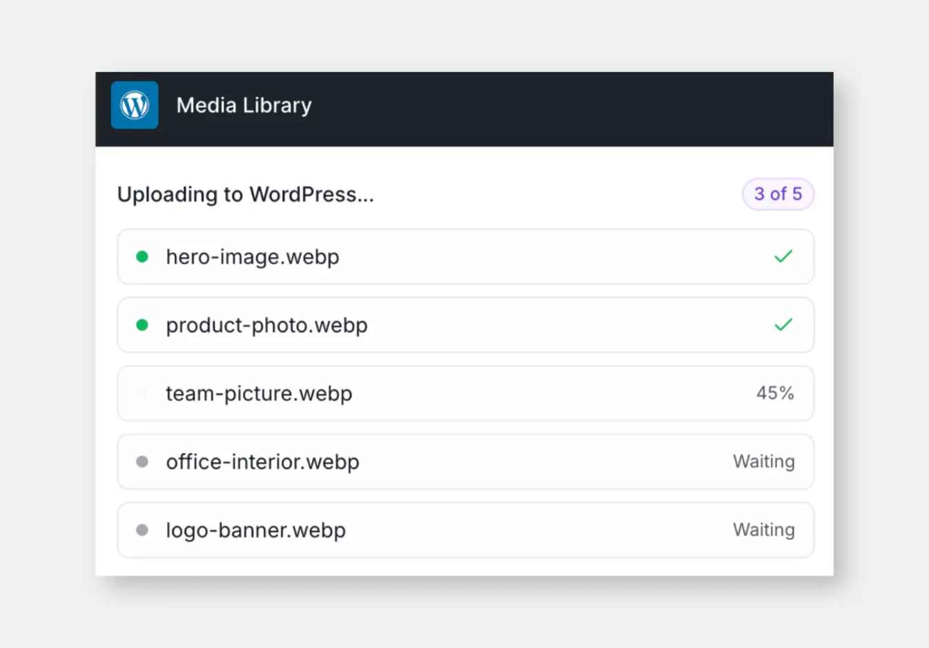 WordPress Media Library upload progress screen showing 3 of 5 files uploaded. Two files completed with checkmarks (hero-image.webp, product-photo.webp), one at 45% progress (team-picture.webp), and...