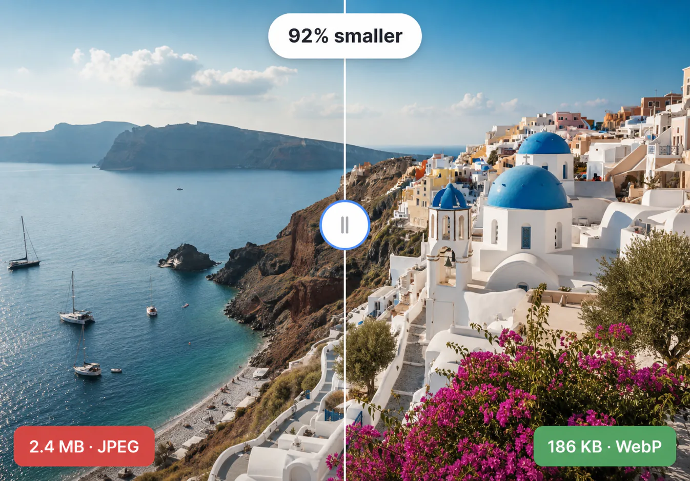 Split-screen comparison of Santorini's iconic whitewashed buildings with blue domed roofs and magenta bougainvillea flowers overlooking turquoise Mediterranean waters with sailboats